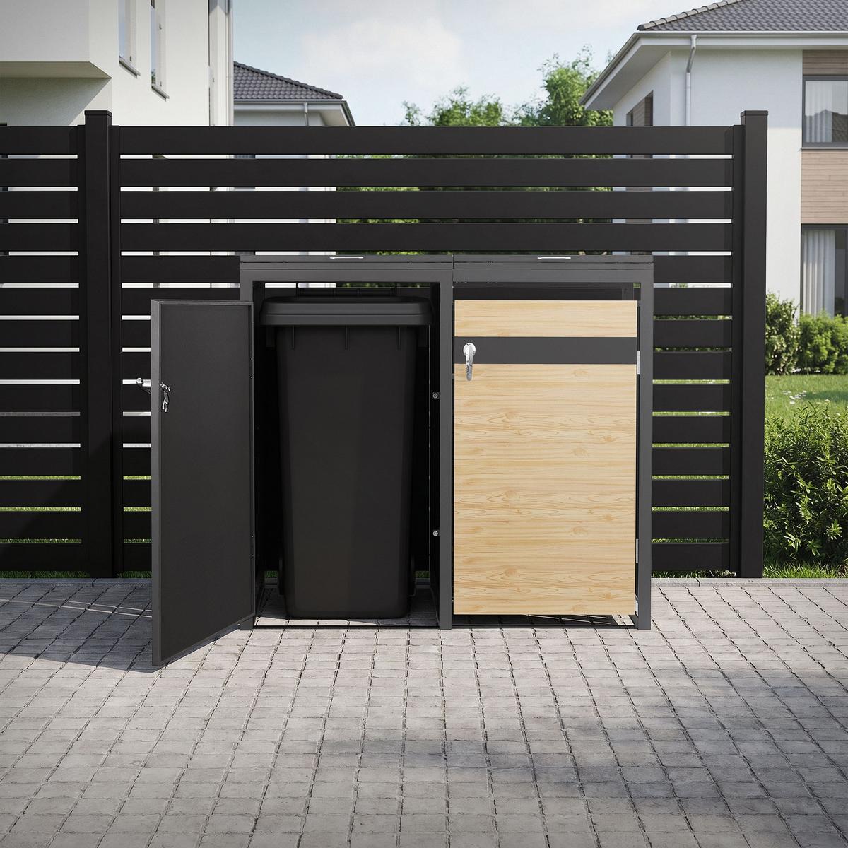 MÜLLTONNENBOX 3er Anthrazit-Holzoptik - Hellbraun, Metall (200/120/80cm) - ML-DESIGN