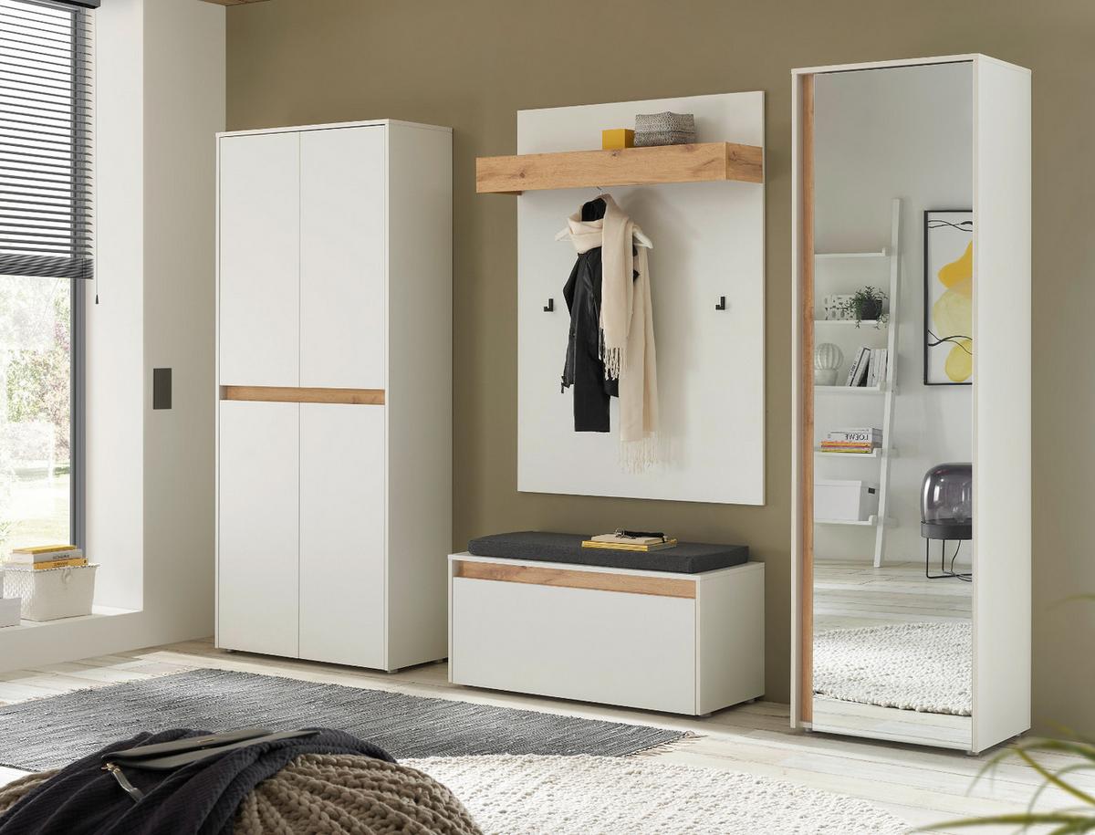 GARDEROBEN-SET weiß matt, Eiche Wotan 5-teilig 265 cm, mit Schuh- und Garderobenschrank - Eiche Wotan/Schwarz, Glas/Holzwerkstoff (265/200/40cm) - Furn.Design