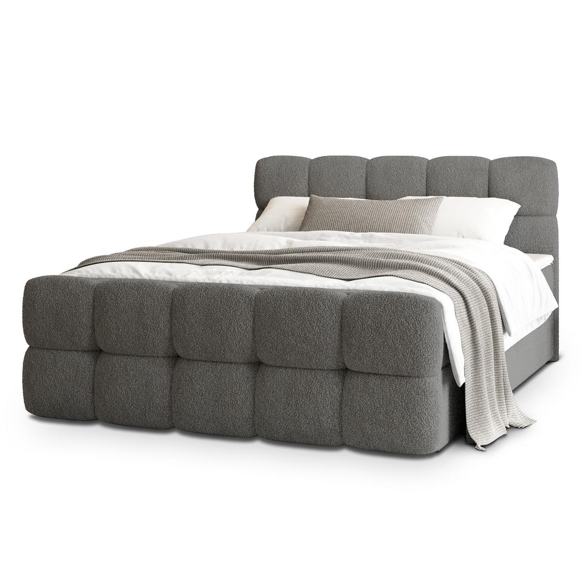 BOXBETT BRUME 160x200 cm mit Matratze und Topper, H2+H3 - Grau - Grau, Holz (160/200cm) - MASSENO
