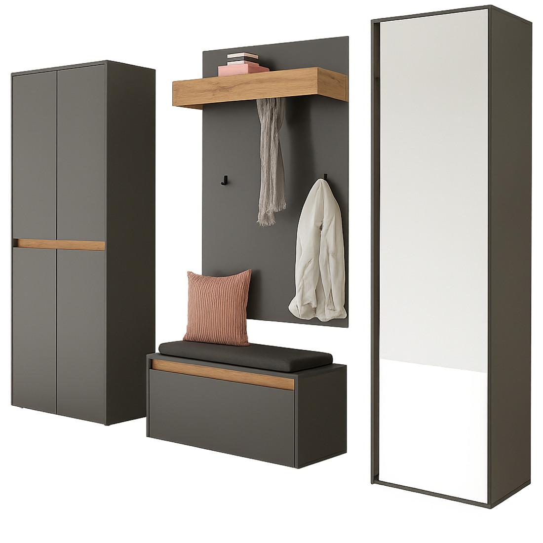 GARDEROBEN-SET grau matt, Eiche Wotan 5-teilig 265 cm, Schuhschränke mit viel Stauraum - Eiche Wotan/Schwarz, Glas/Holzwerkstoff (265/200/40cm) - Furn.Design