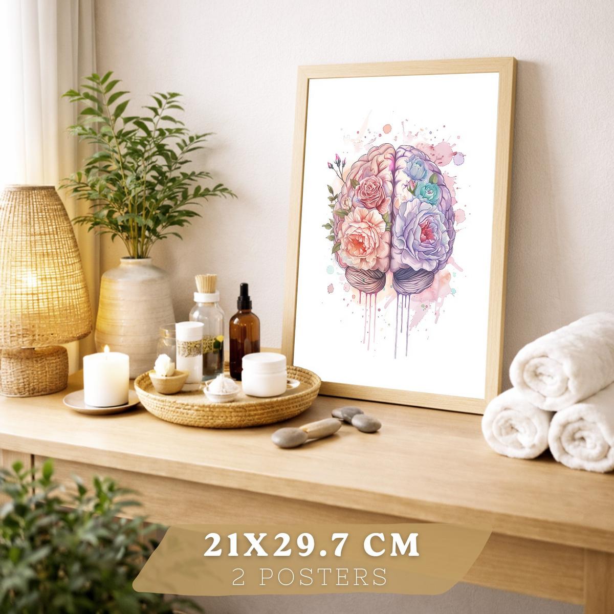 POSTER Set aus 2 Anatomie Mensch Drucke und mit Lungen Luftröhre Bronchien und Gehirn Pastellfarbenes Florales Aquarell Größe Leichter Holzrahmen A4 - Beige, Papier (21/29.7/3cm) - Nacnic