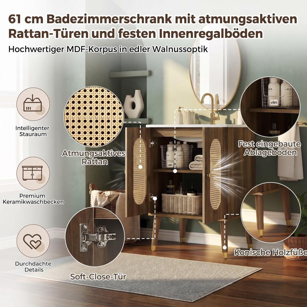 WASCHTISCHUNTERSCHRANK Walnuss mit Rattan-Türen & Keramikbecken - Walnussfarben, Holzwerkstoff (61/89/47cm) - Urban Meuble