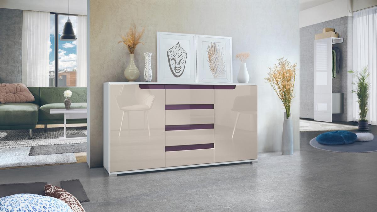 SIDEBOARD Sylt Sandgrau Hochglanz / Brombeer Hochglanz - Sandfarben/Lila, Holzwerkstoff (138.5/75.5/35cm) - Vladon