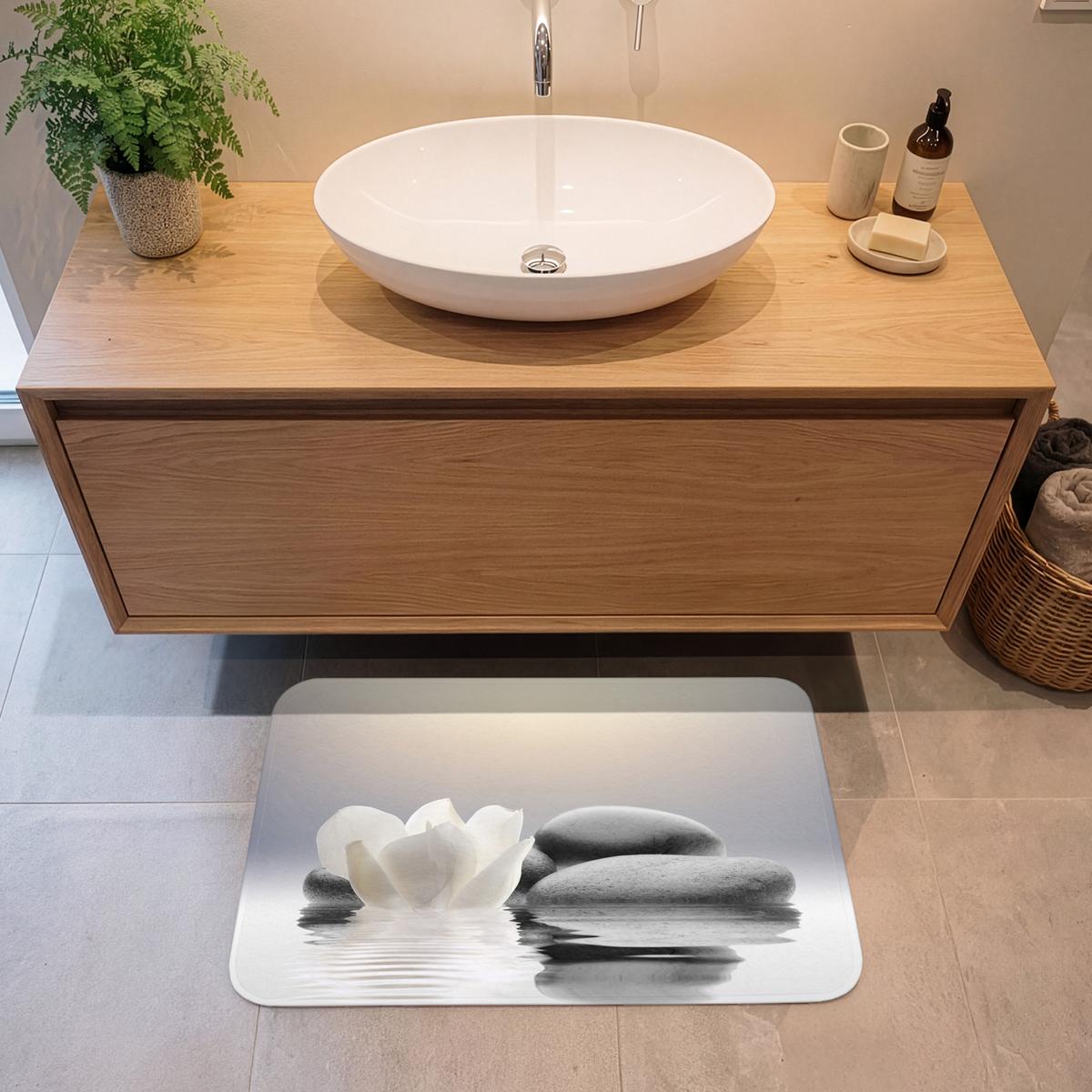 BADEMATTE Steine - Lotus - Weiß - Wasser - Zen 80x50 cm - Weiß, Textil (80/50cm) - OnlyWow