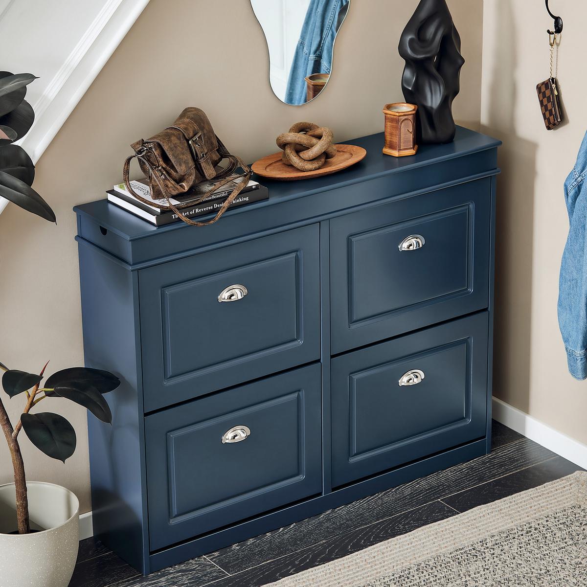 SCHUHKIPPER Blau, Schuhschrank mit 4 Klappen - Blau, Holzwerkstoff (104/83/24cm) - SoBuy