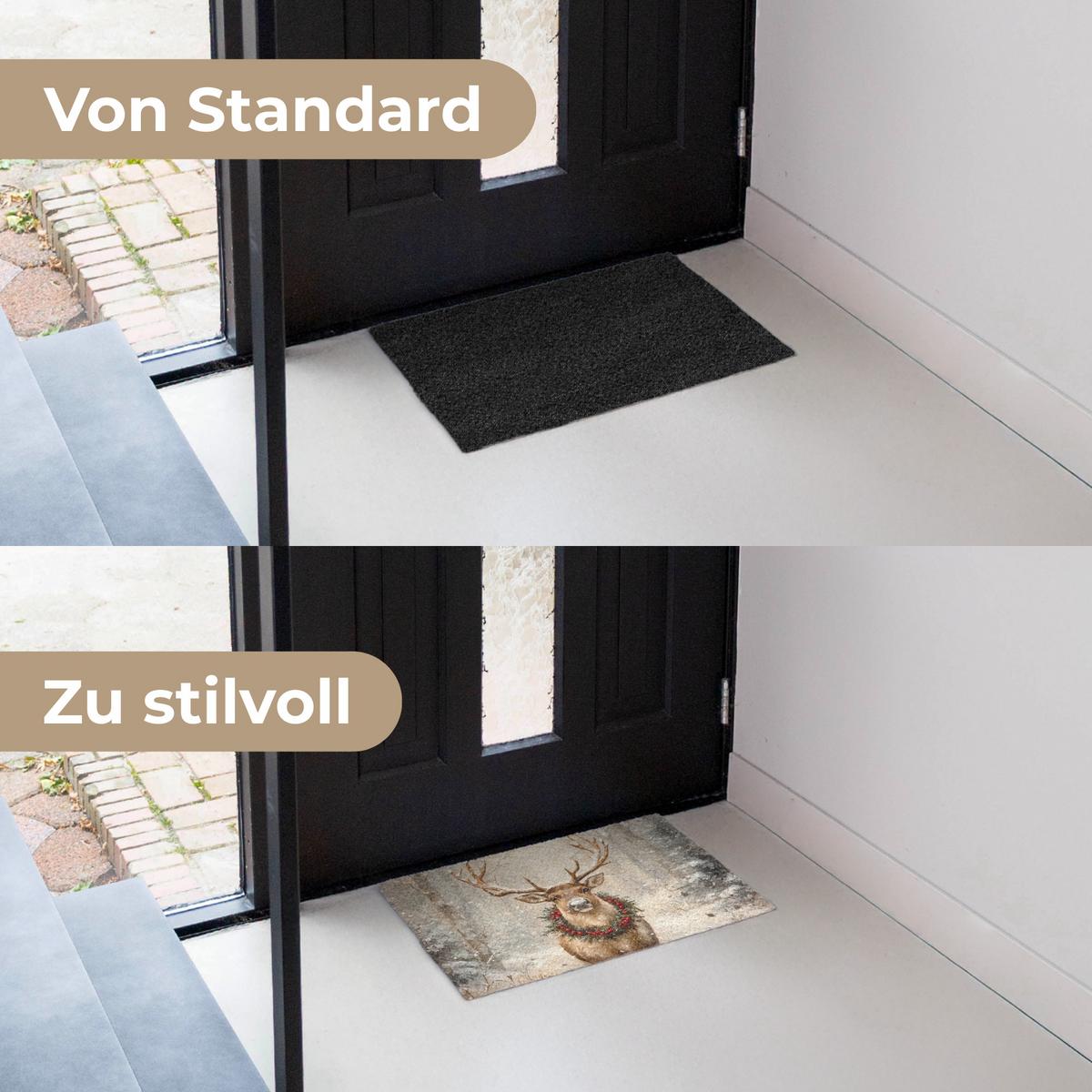 FUSSMATTE Weihnachten - Rentier - Winter - Kranz Flurteppich 60x40 cm - Braun, Kunststoff (60/0.4cm) - MuchoWow