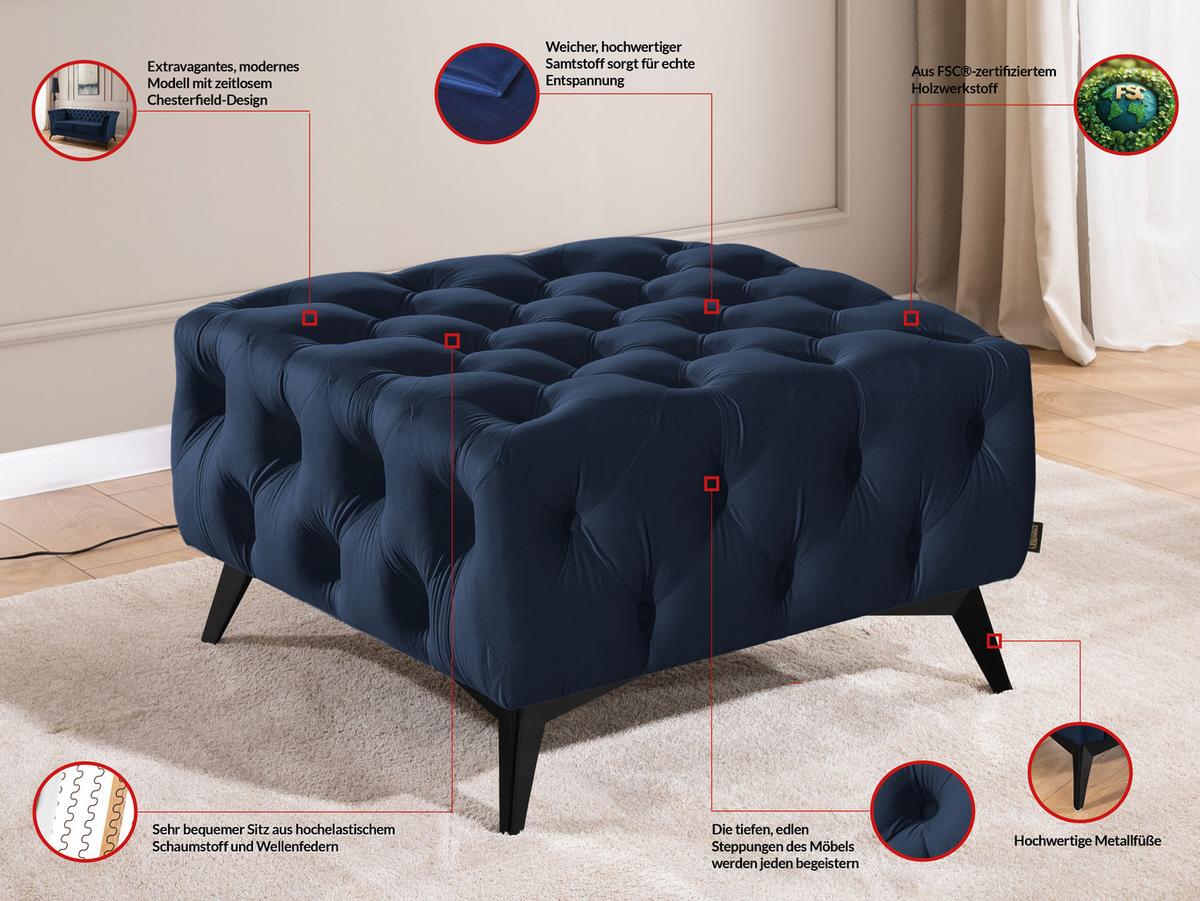 HOCKER Chesterfield Whitby Marineblau Samt mit schwarzen Füßen - Blau/Schwarz, Holz/Textil (80/45/80cm) - S-Style Möbel