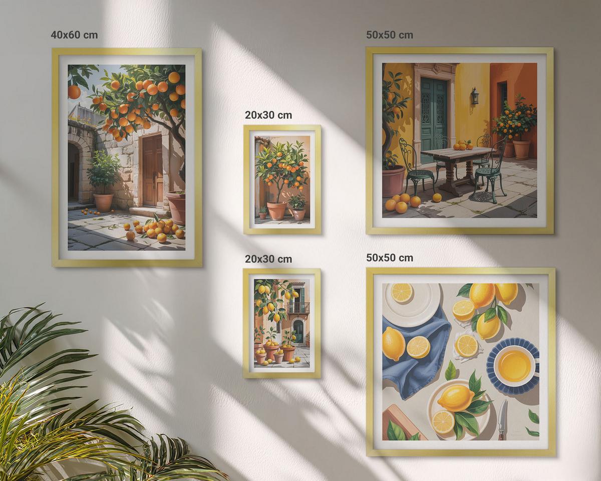 BILDER SET 5er Set - 50x50 cm & 20x30 cm & 40x60 cm Goldrahmen - Zitrusgarten in der Sonne - Goldfarben, Kunststoff (40/60cm) - TULUP