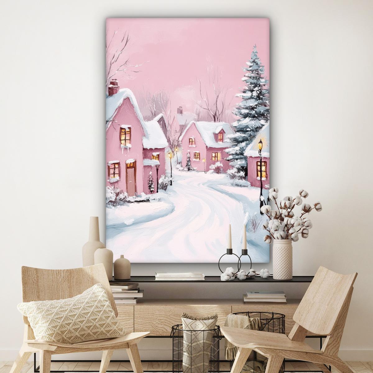 LEINWANDBILD Weihnachtsdorf - Rosa - Winter - Schnee - Häuser Deko Groß 90x140 cm - Altrosa, Textil (90/140cm) - MuchoWow