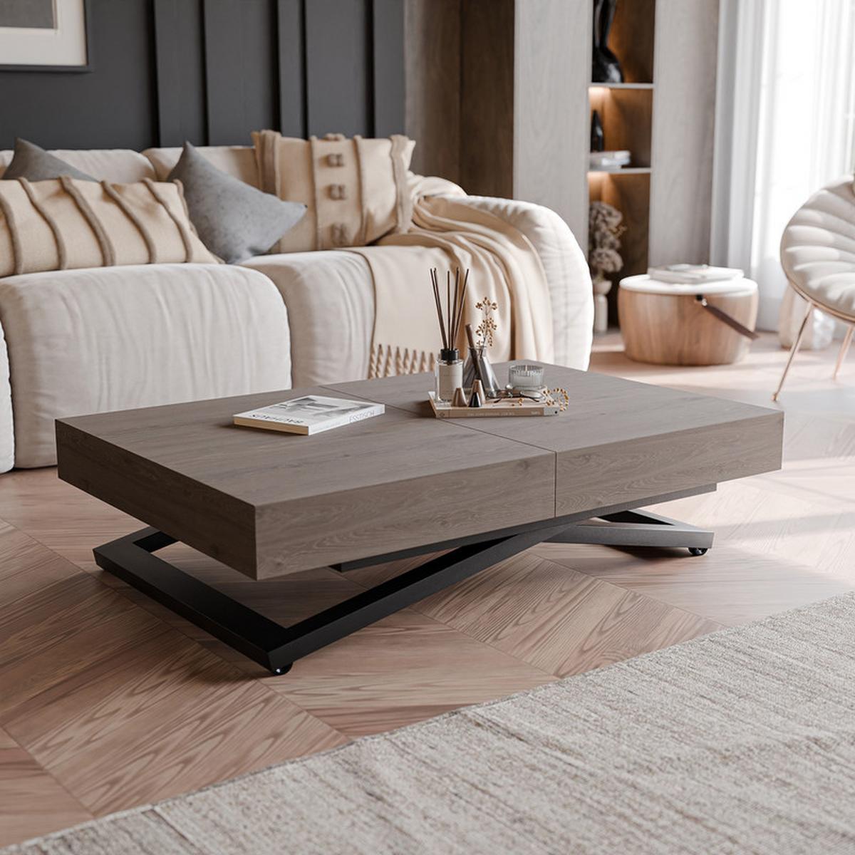 COUCHTISCH SANELLE ausziehbar mit Liftfunktion, 120/80/76 cm Schwarz / Davos-Eiche - Trüffeleichefarben/Schwarz, Holzwerkstoff/Metall (80/120/27cm) - Idohome