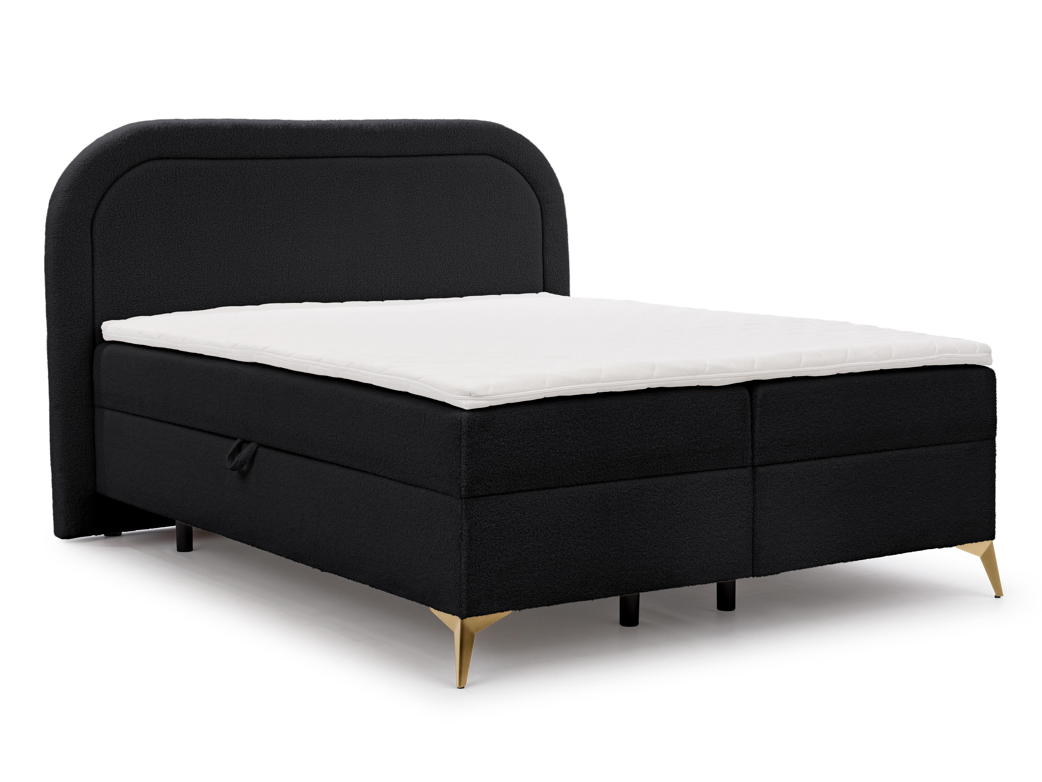 BOXBETT Sonna 160/200 cm Schwarz Bouclé-Stoff mit abgerundetem Kopfteil und mit goldenen Metallfüßen - Goldfarben/Schwarz, Holz/Textil (160/200cm) - S-Style Möbel