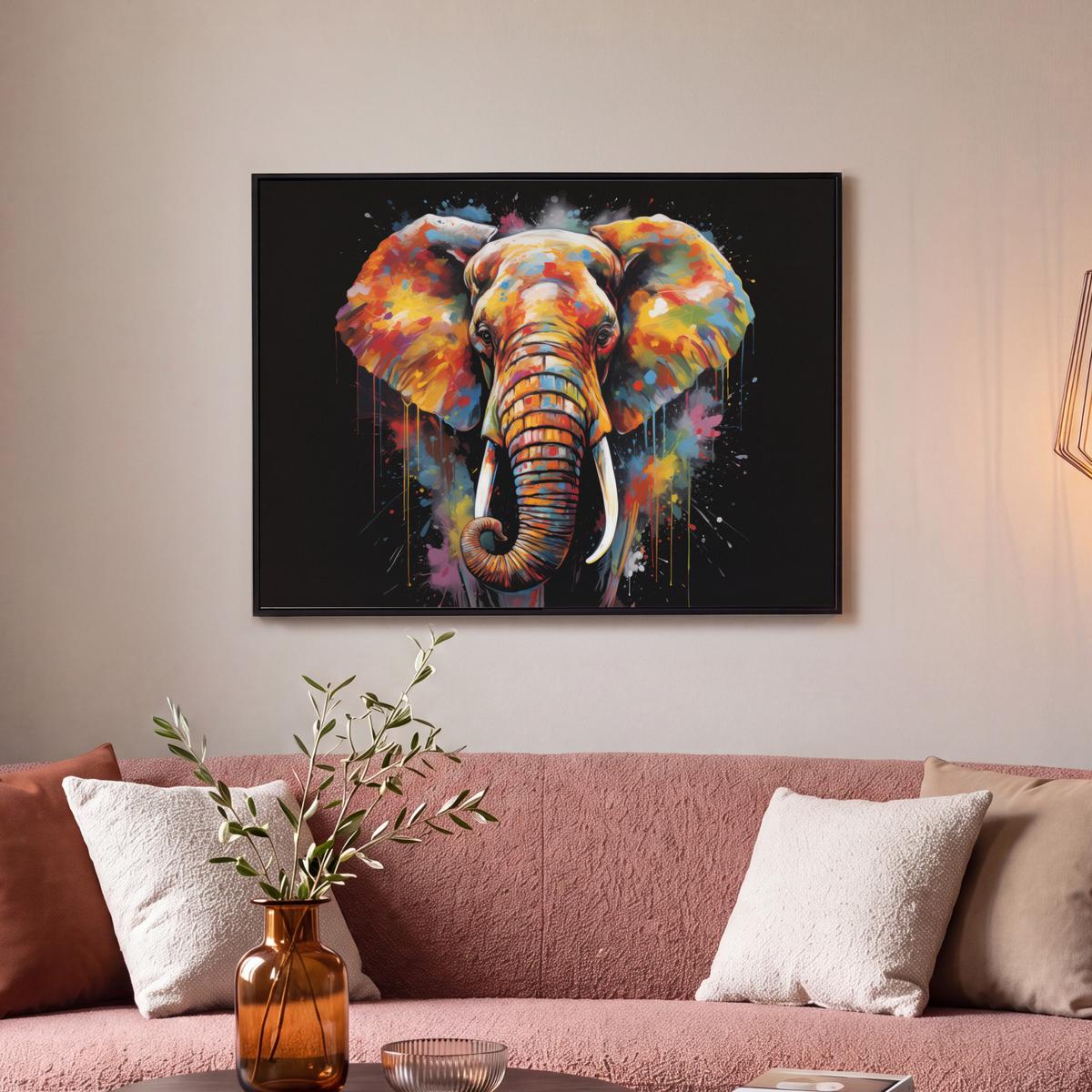 LEINWAND Bilder mit Rahmen - Elefant - Graffiti - Schwarz - Tiere - Farben - 70x50 - Schwarz, Textil (70/50cm) - MuchoWow