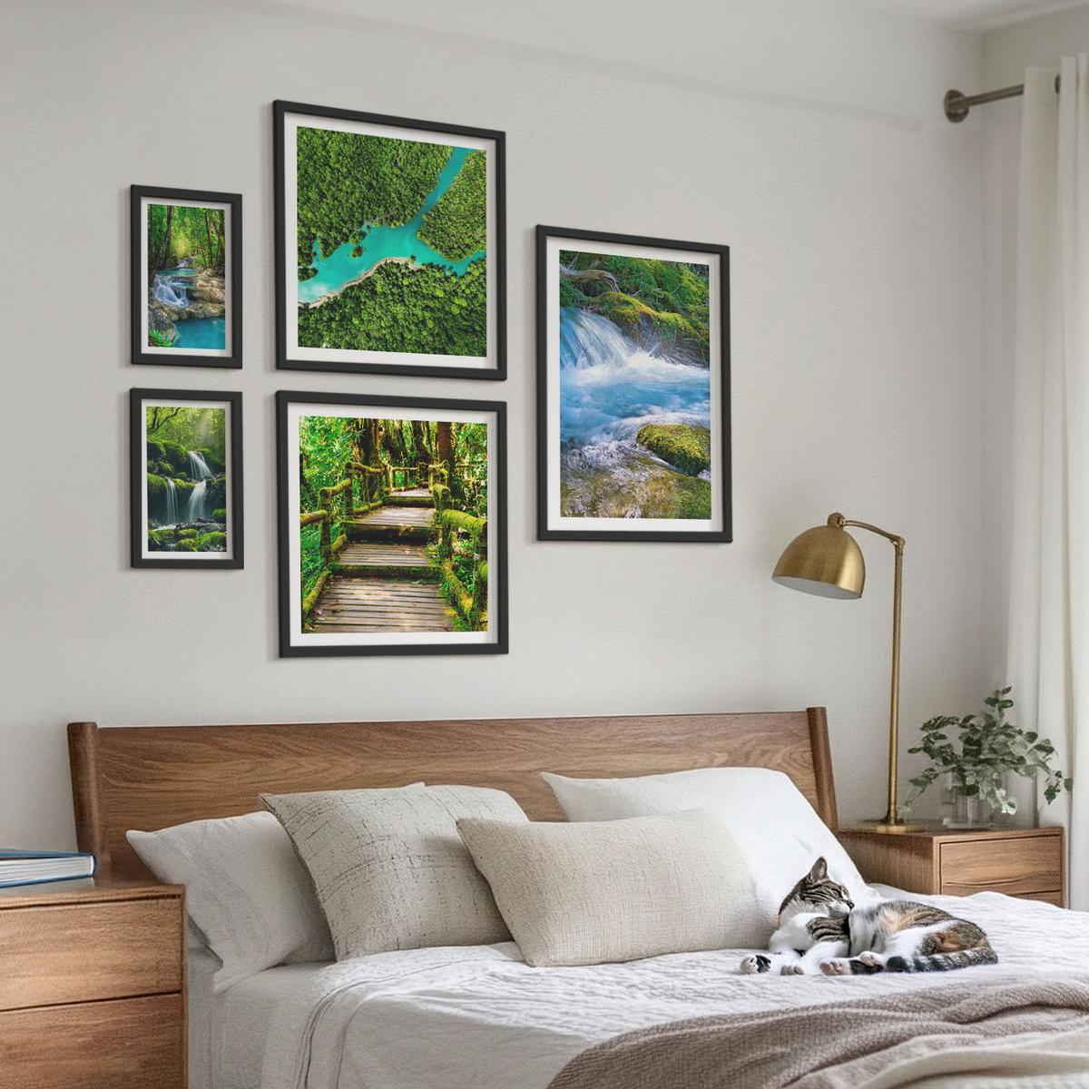 BILDER SET 5er Set - 50x50 cm & 20x30 cm & 40x60 cm Schwarzer Rahmen - Grüne Berge, Flussfelsen - Schwarz, Kunststoff (40/60cm) - TULUP