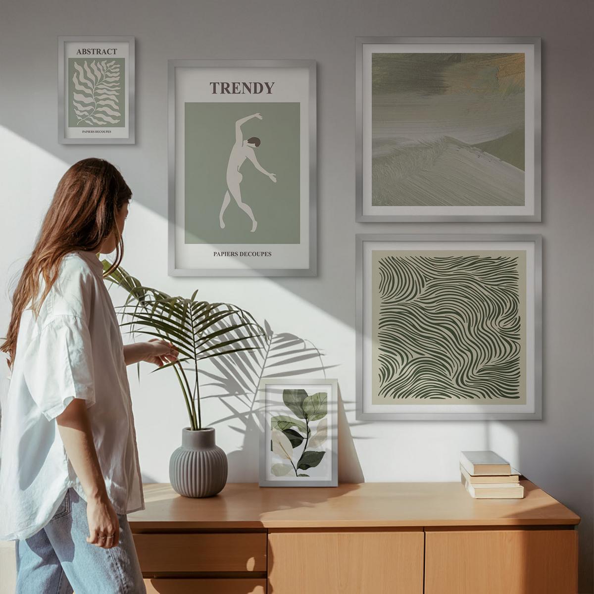 BILDER SET 5er Set - 50x50 cm & 20x30 cm & 40x60 cm Silberner Rahmen - Abstrakte Pflanzenmuster - Silberfarben, Kunststoff (40/60cm) - TULUP