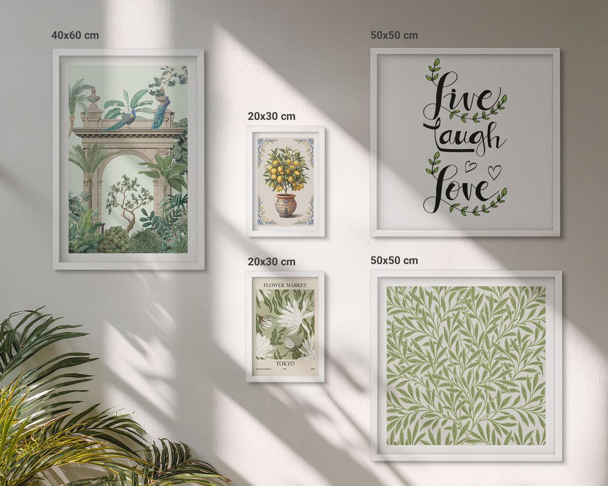 BILDER SET 5er Set - 50x50 cm & 20x30 cm & 40x60 cm Weißer Rahmen - Grüne Blätter exotischer Pflanzen - Weiß, Kunststoff (40/60cm) - TULUP