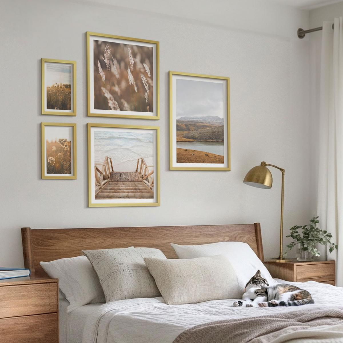 BILDER SET 5er Set - 50x50 cm & 20x30 cm & 40x60 cm Goldrahmen - Landschaften Wiesen Berge See - Goldfarben, Kunststoff (40/60cm) - TULUP