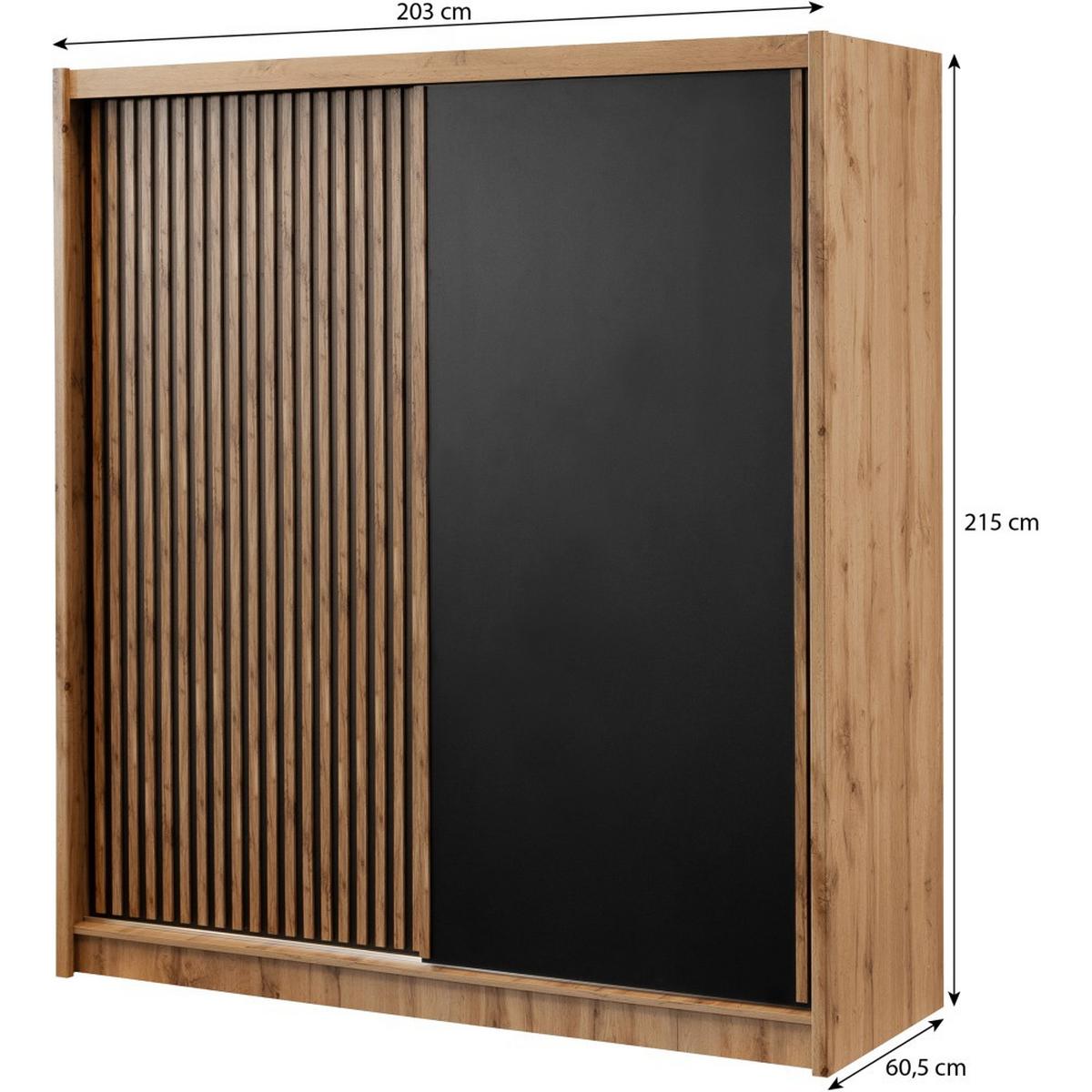 SCHWEBETÜRENSCHRANK Leroy mit 2 Türen und Lamellen, 203 cm, Schwarz+eiche Wotan - Eiche Wotan/Schwarz, Holzwerkstoff (203/215/60.5cm) - Beautysofa