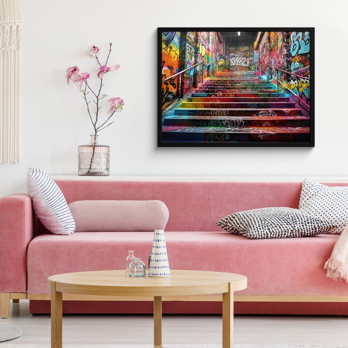 POSTER MIT RAHMENGERAHMTES BILD Treppe - Graffiti - Farben - Kunst 80x60 cm - Multicolor, Papier (80/60cm) - MuchoWow