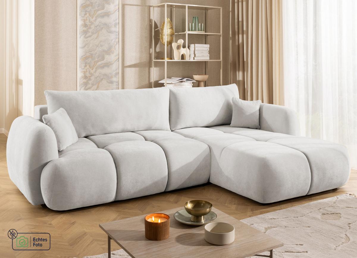 ECKSOFA Loretto aus natürlichem Creme Webstoff mit Schlaffunktion, Bettkasten und tiefen Steppungen in Bubble-Optik - Creme/Schwarz, Holz/Kunststoff (275/180cm) - S-Style