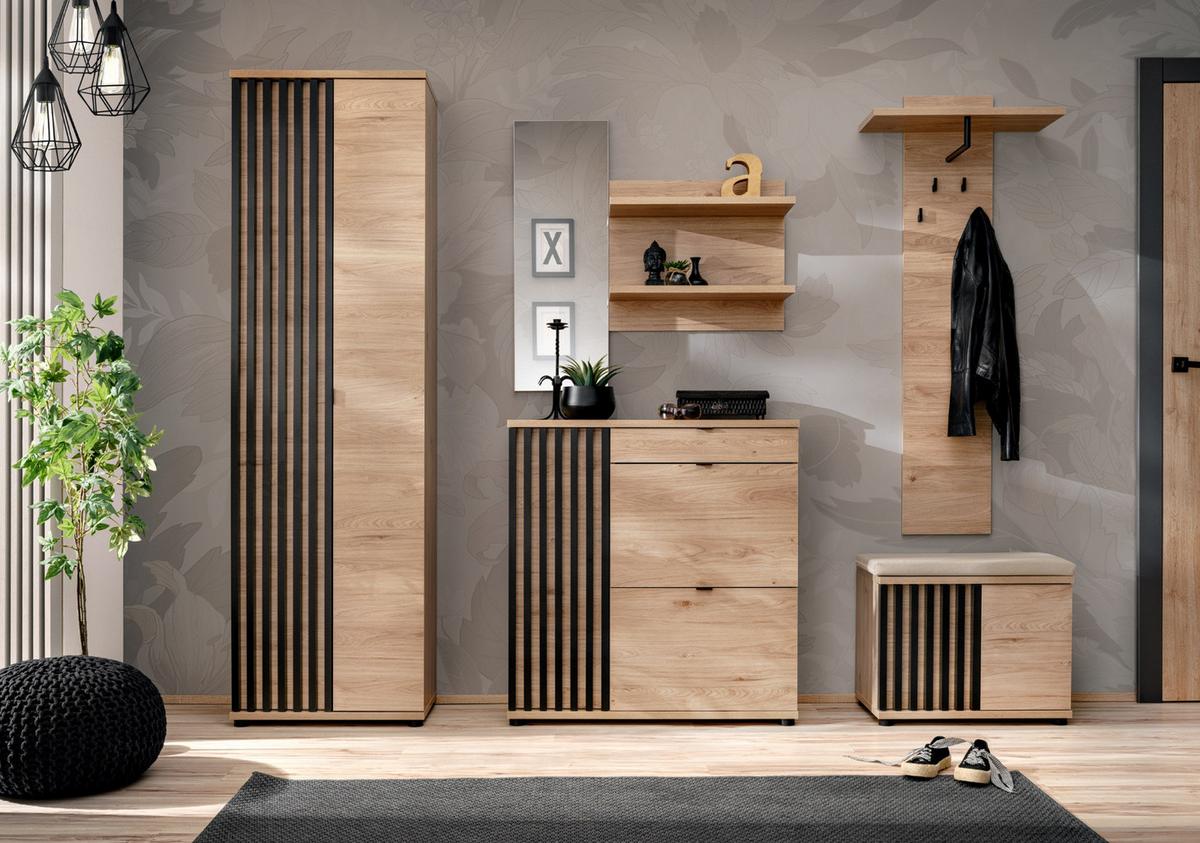 SCHUHSCHRANK Eiche Jackson, schwarz 90 cm, Schuhkommode mit Kippern - Eichefarben/Schwarz, Holzwerkstoff/Kunststoff (90/94/35cm) - Furn.Design