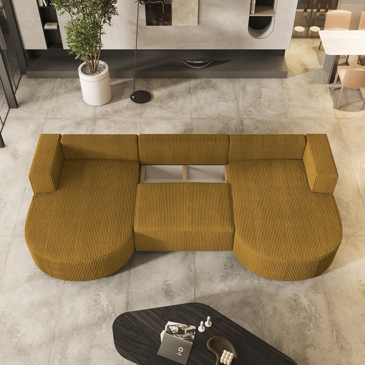 WOHNLANDSCHAFT VEZZO P Gelb Kordstoff mit Schlaffunktion - Gelb/Grau, Holz/Kunststoff (347/85/174cm) - MASSENO