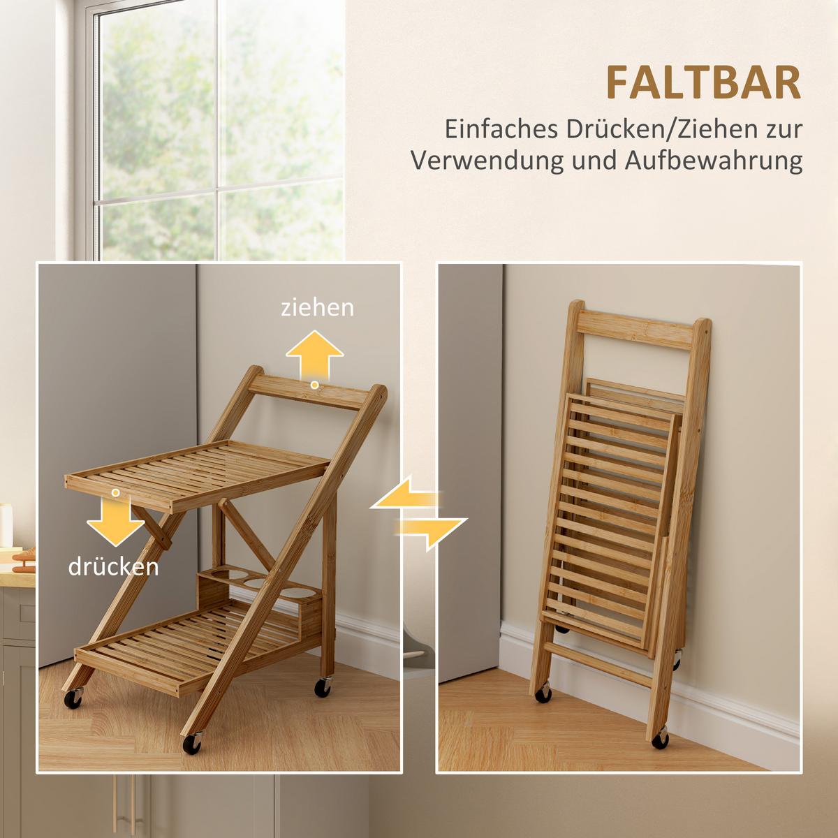 KÜCHENWAGEN mit Weinregal, 66 x 40 x 70 cm, Natur - Naturfarben, Naturmaterialien (40/70/66cm) - HOMCOM