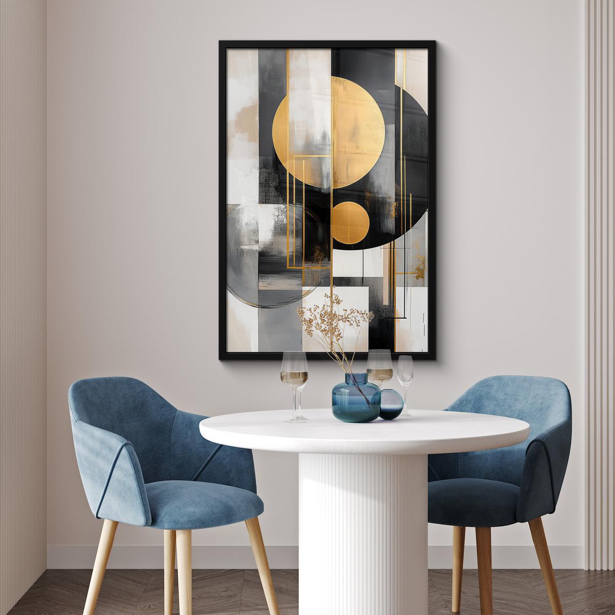 POSTER MIT RAHMENGERAHMTES BILD Abstrakt - Gold - Silber - Formen - Ästhetisch - Modern 60x90 cm - Goldfarben, Papier (60/90cm) - MuchoWow