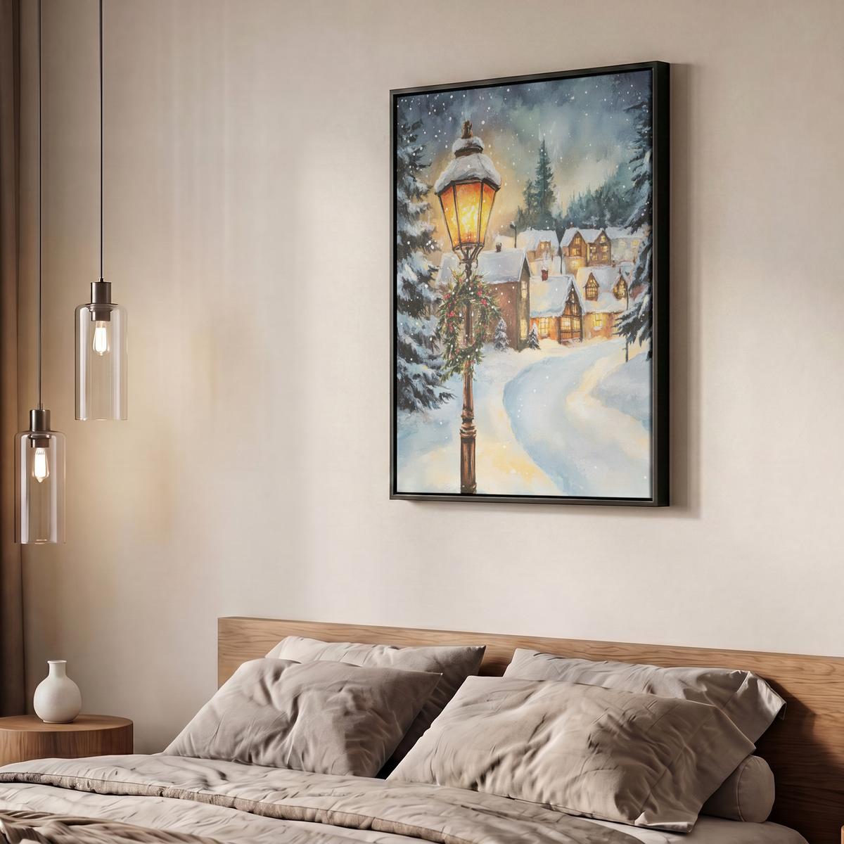 LEINWAND Bilder mit Rahmen - Weihnachtsdorf - Häuser - Schnee - Weihnachten - 50x70 - Sandfarben, Textil (50/70cm) - MuchoWow