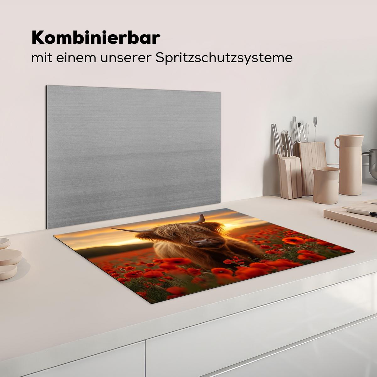 HERDABDECKPLATTE Schottische Highlander - Rosen - Blumenfeld - Sonnenuntergang Induktionsmatte 71x52 cm - Rotbraun, Kunststoff (71/52/0.2cm) - MuchoWow