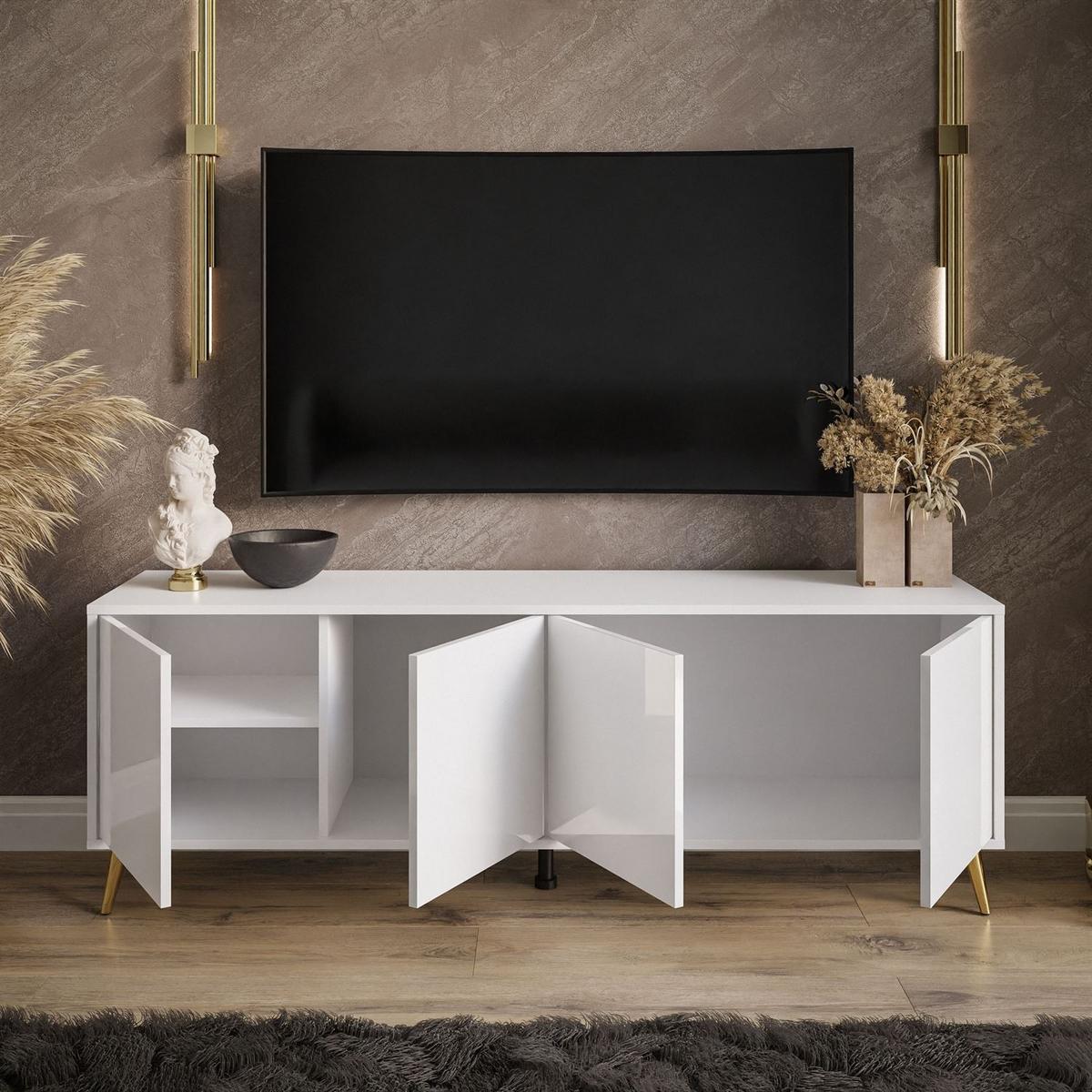 TV-ELEMENT SANAYI auf goldenen Beinen Hochglanz Weiß - Weiß Hochglanz/Goldfarben, Holzwerkstoff (156/54/38cm) - Lookway