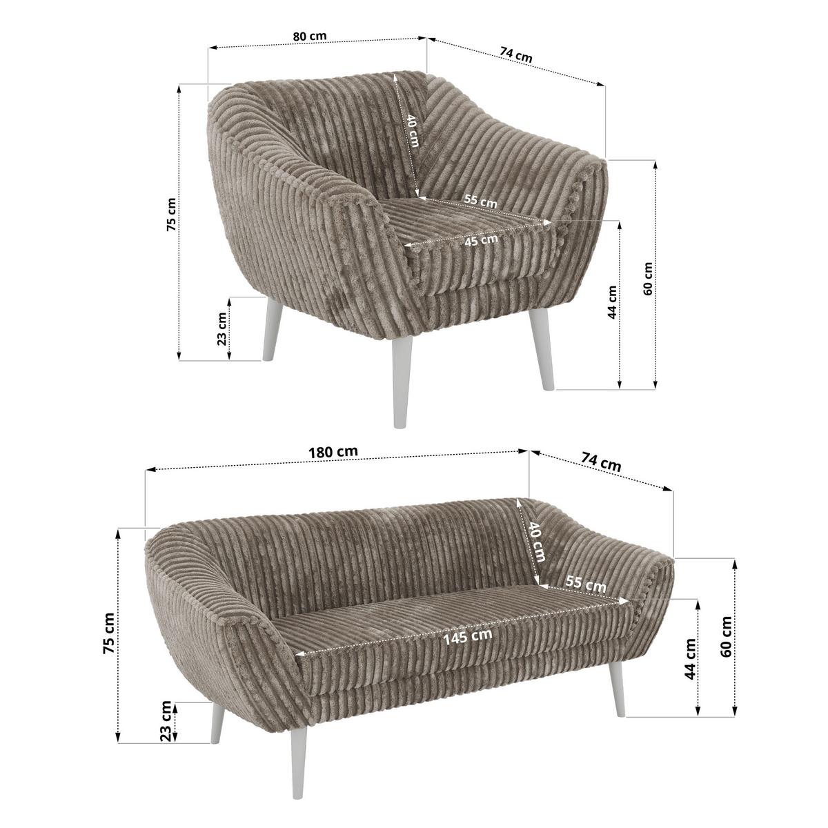 SITZGARNITUR PIRS 3+3+1 - Hellbraun Cord - Weiße Beine - Hellbraun/Weiß, Holzwerkstoff/Textil (180/75/74cm) - MKS