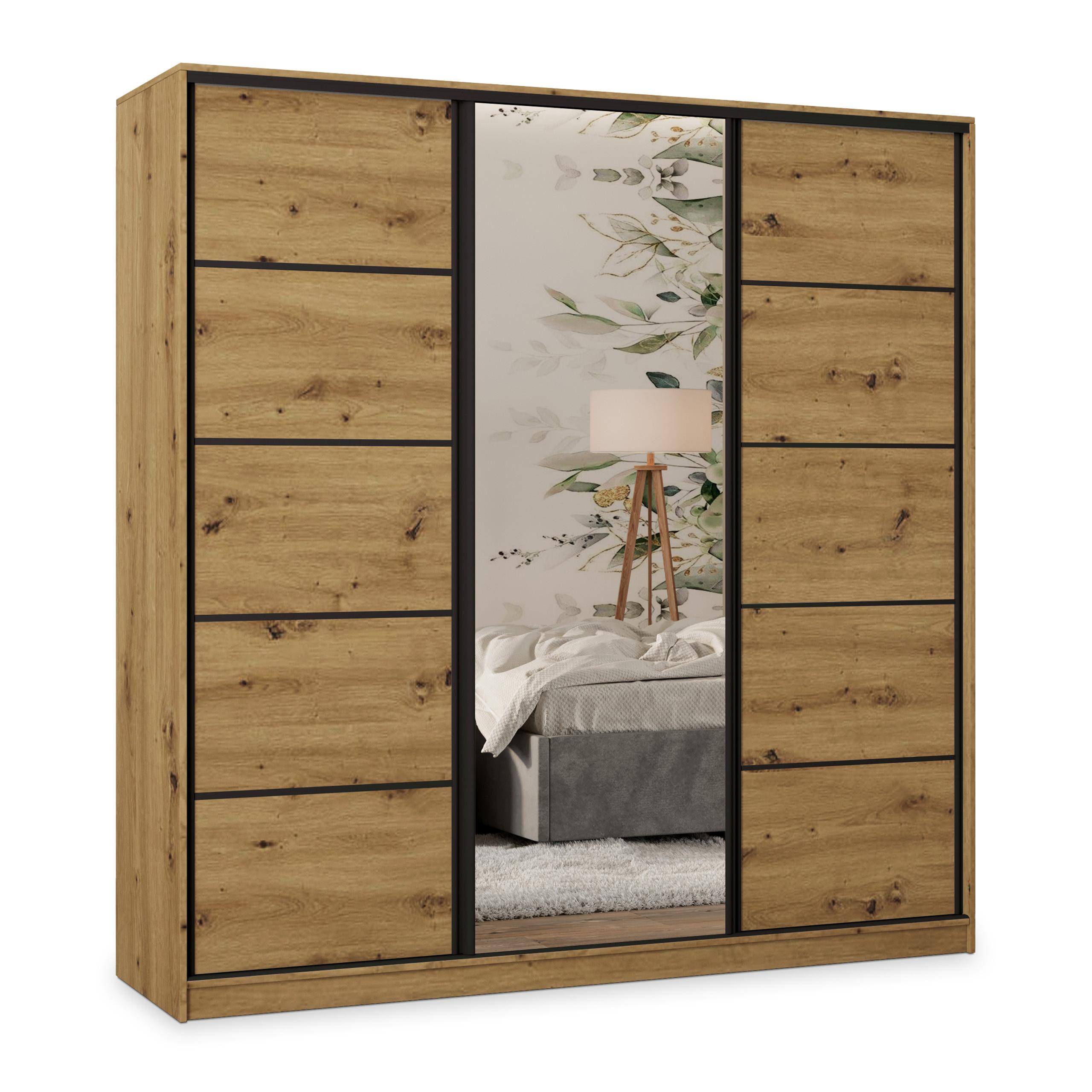 SCHWEBETÜRENSCHRANK PINA 180/205/58 cm 3-türig mit Spiegel und Schubladen Eiche Artisan - Schwarz/Eiche Artisan, Holzwerkstoff (180/205/58cm) - MASSENO