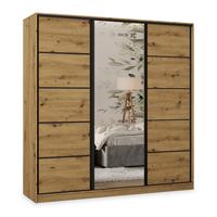 SCHWEBETÜRENSCHRANK PINA 180/205/58 cm 3-türig mit Spiegel und Schubladen Eiche Artisan - Schwarz/Eiche Artisan, Holzwerkstoff (180/205/58cm) - MASSENO