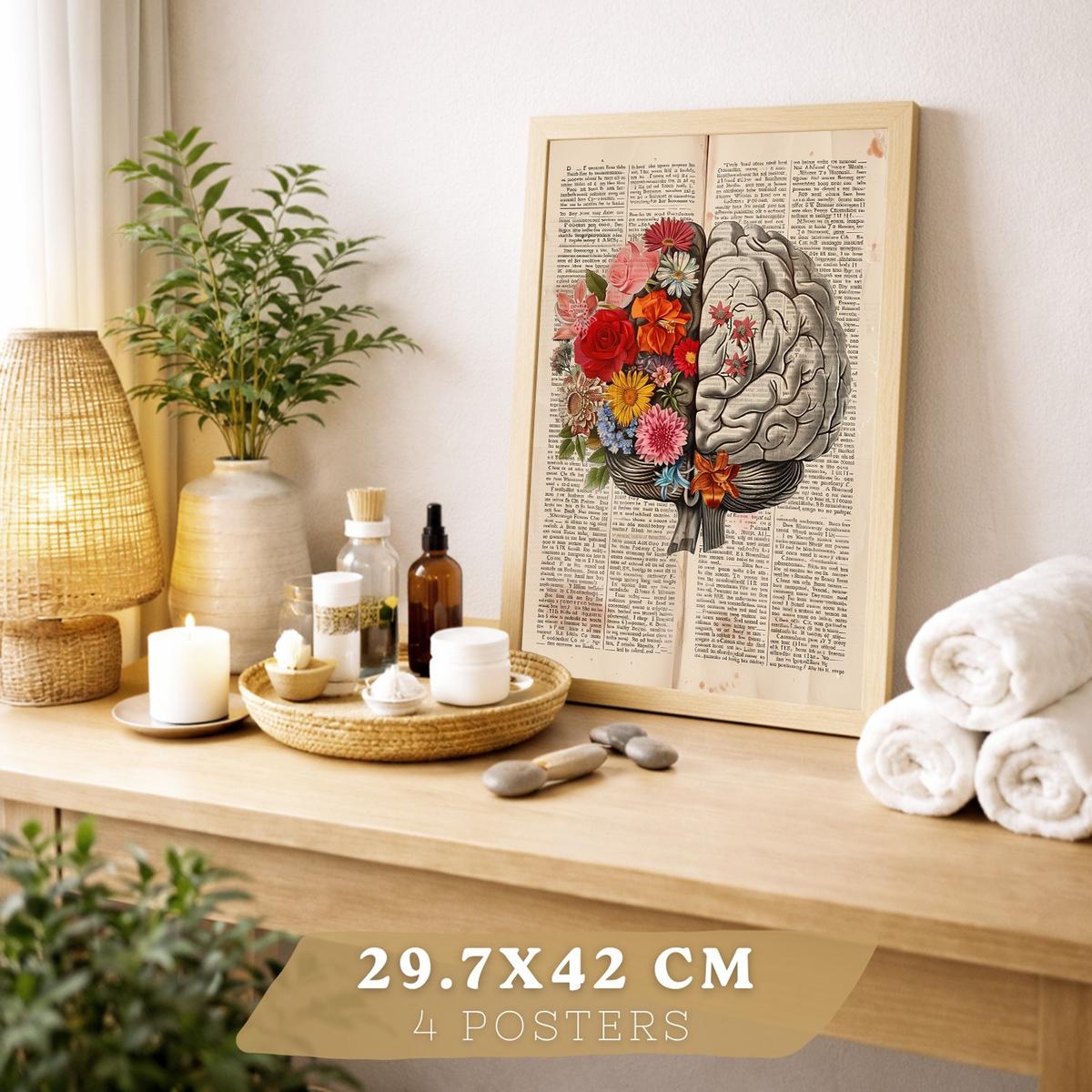 POSTER Set aus 4 Anatomie Drucke und Wandbilder mit Herz Gehirn Skelett und Darm Antiker Hintergrund Wanddekoration Größe Leichter Holzrahmen A4 - Beige, Papier (21/29.7/3cm) - Nacnic