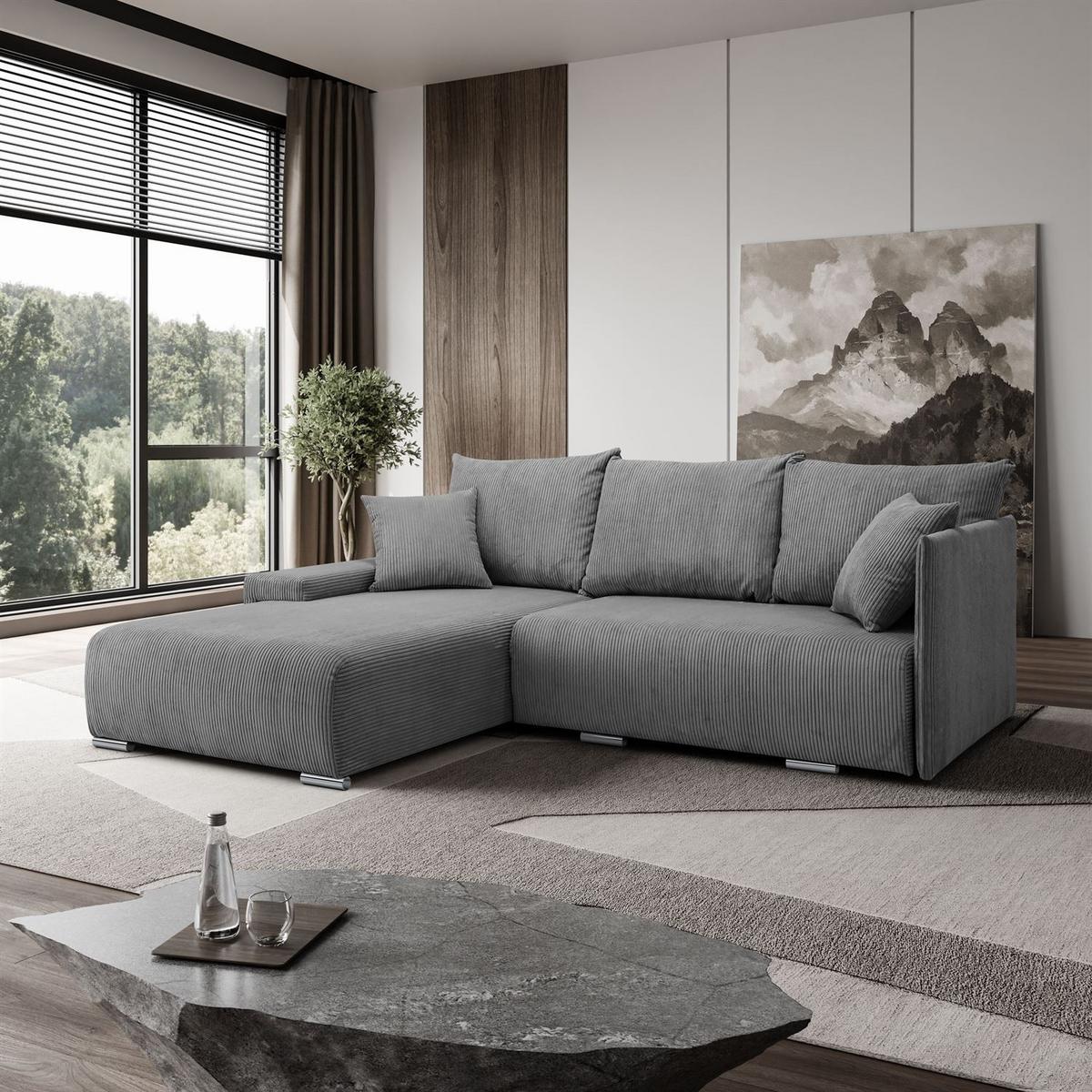 ECKSOFA LAVIO L mit Schlaffunktion und Bettzeugkasten Linke - Grau, Textil (246/188cm) - Lookway