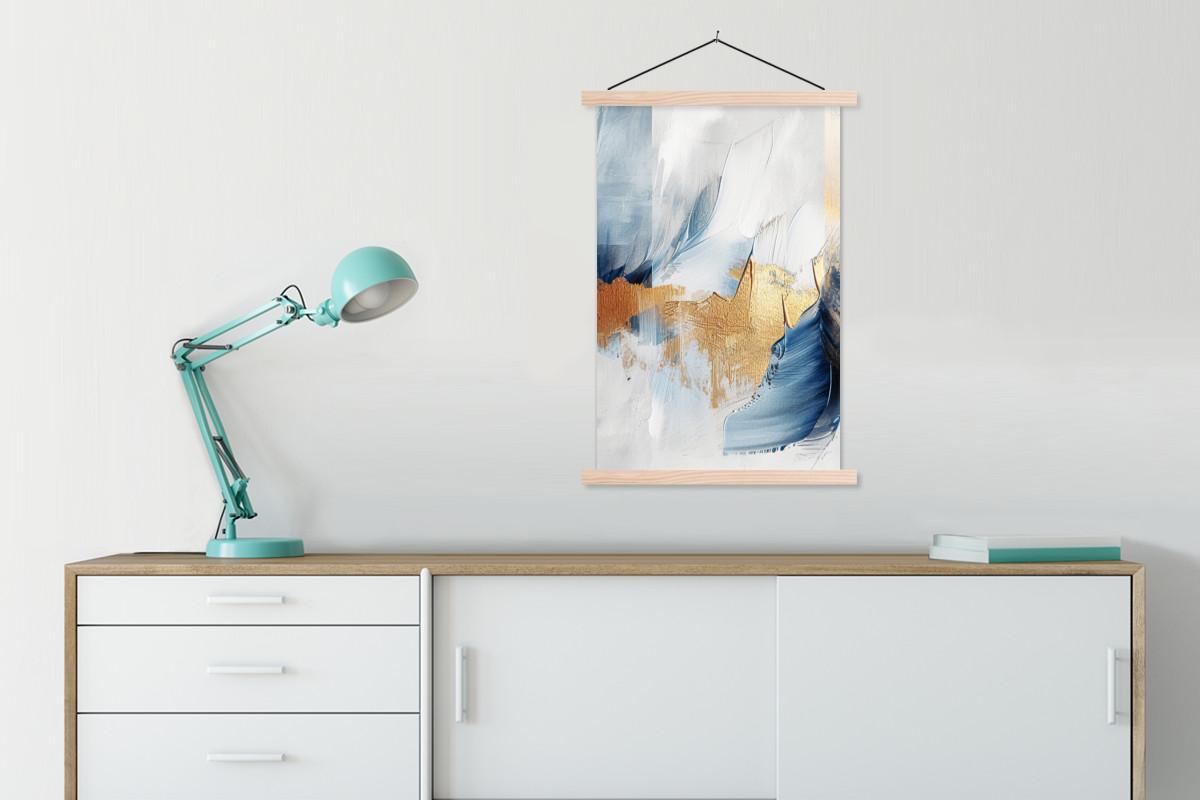 POSTER MIT MAGNETLEISTEN Gold - Blau - Aquarell - Kunst - Modern Wandbild Schlafzimmer 60x90 cm - Hellblau, Textil (60/90/0.15cm) - MuchoWow