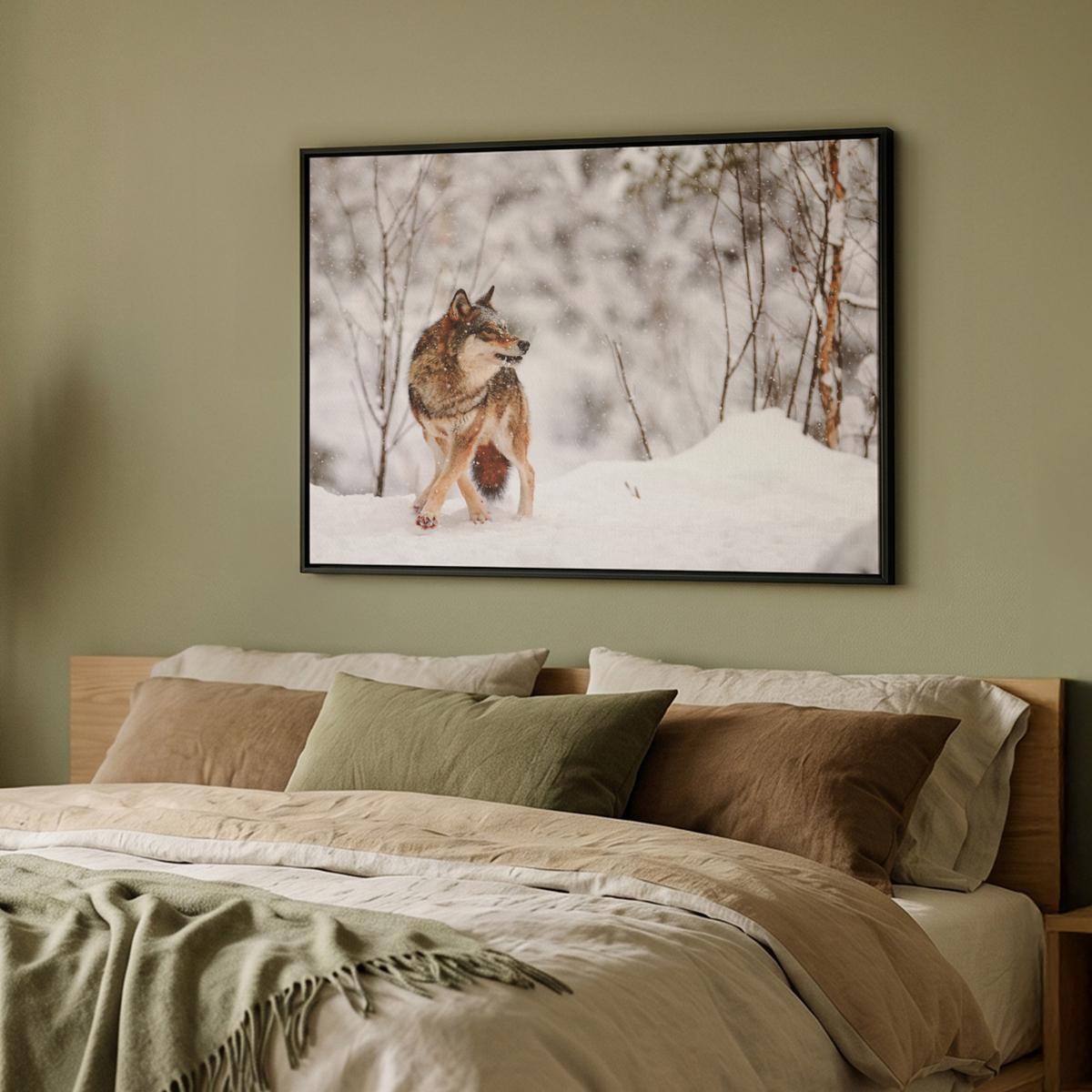 LEINWAND Bilder mit Rahmen - Wolf - Winter - Schnee - Natur - Tiere - 100x70 - Haselnussfarben, Textil (100/70cm) - MuchoWow