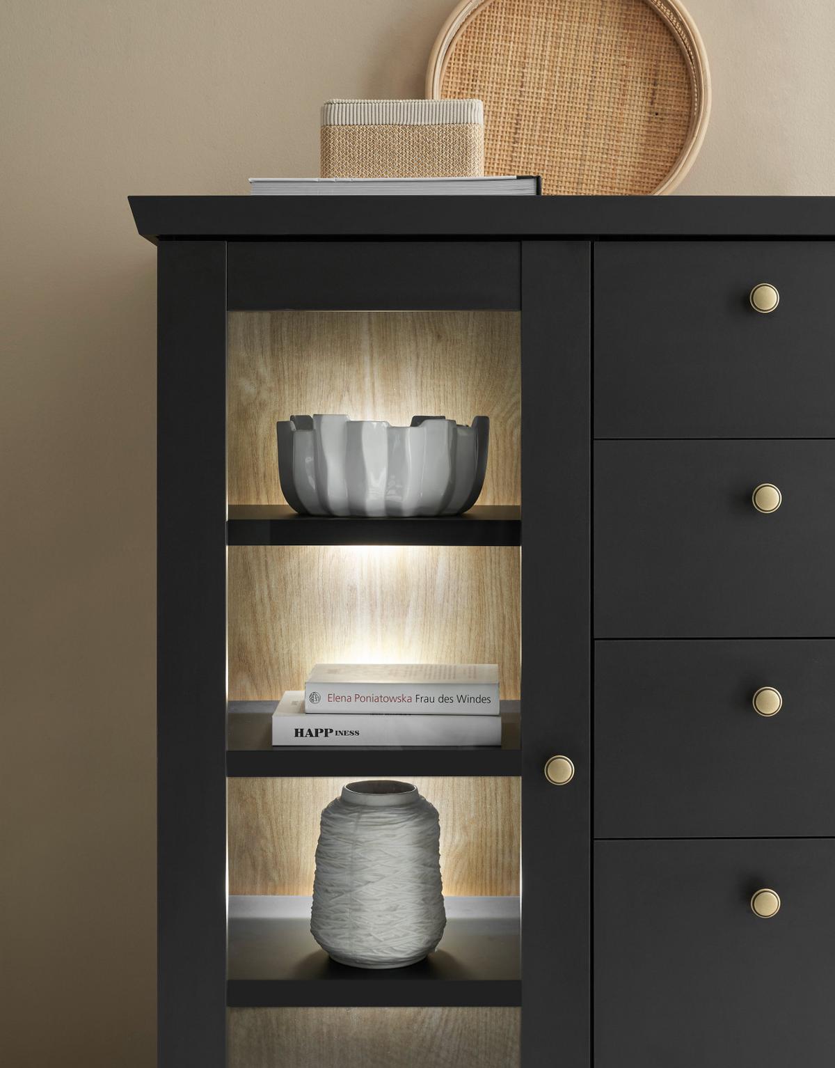HIGHBOARD schwarz matt, Eiche 129 cm, Kommode Landhaus mit Soft-Close - Eichefarben/Messingfarben, Glas/Holzwerkstoff (129/117/42cm) - Furn.Design