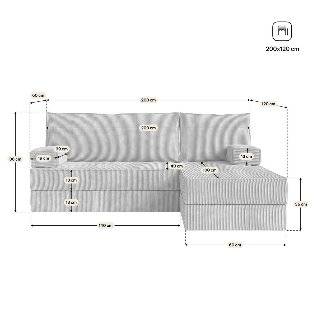 ECKSOFA NOTIA modulares Boneless Sofa mit Schlaffunktion Hellgrau Kordstoff - Hellgrau, Textil (200/120cm) - MASSENO