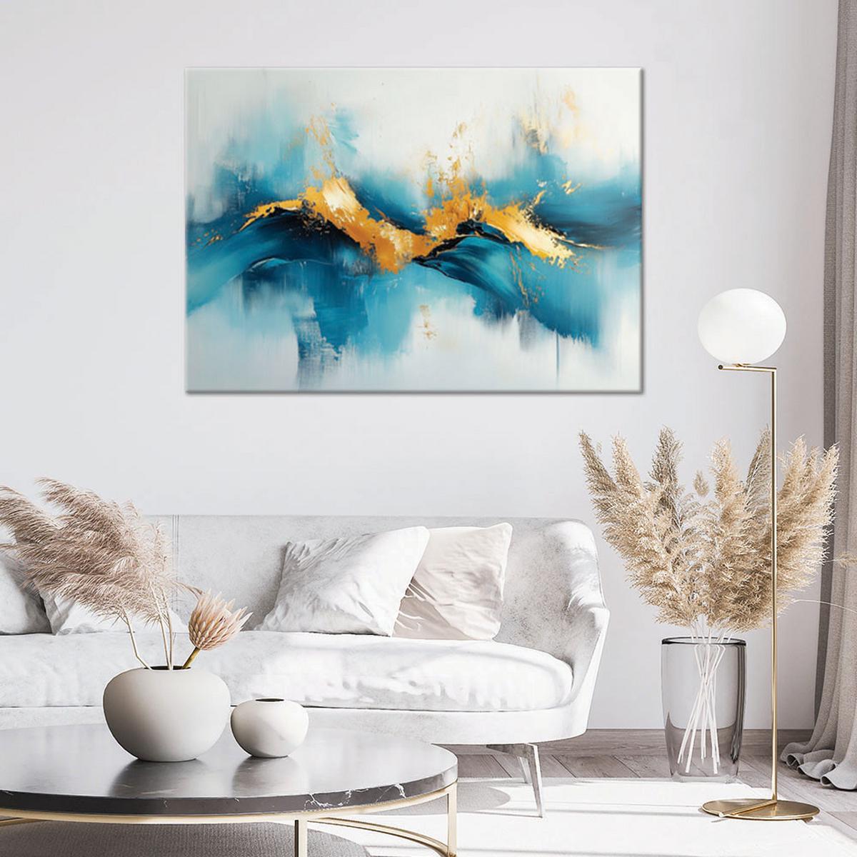 LEINWANDBILD Abstraktes Türkis mit Gold 90x60cm - Blau, Textil (90/60cm) - Feeby