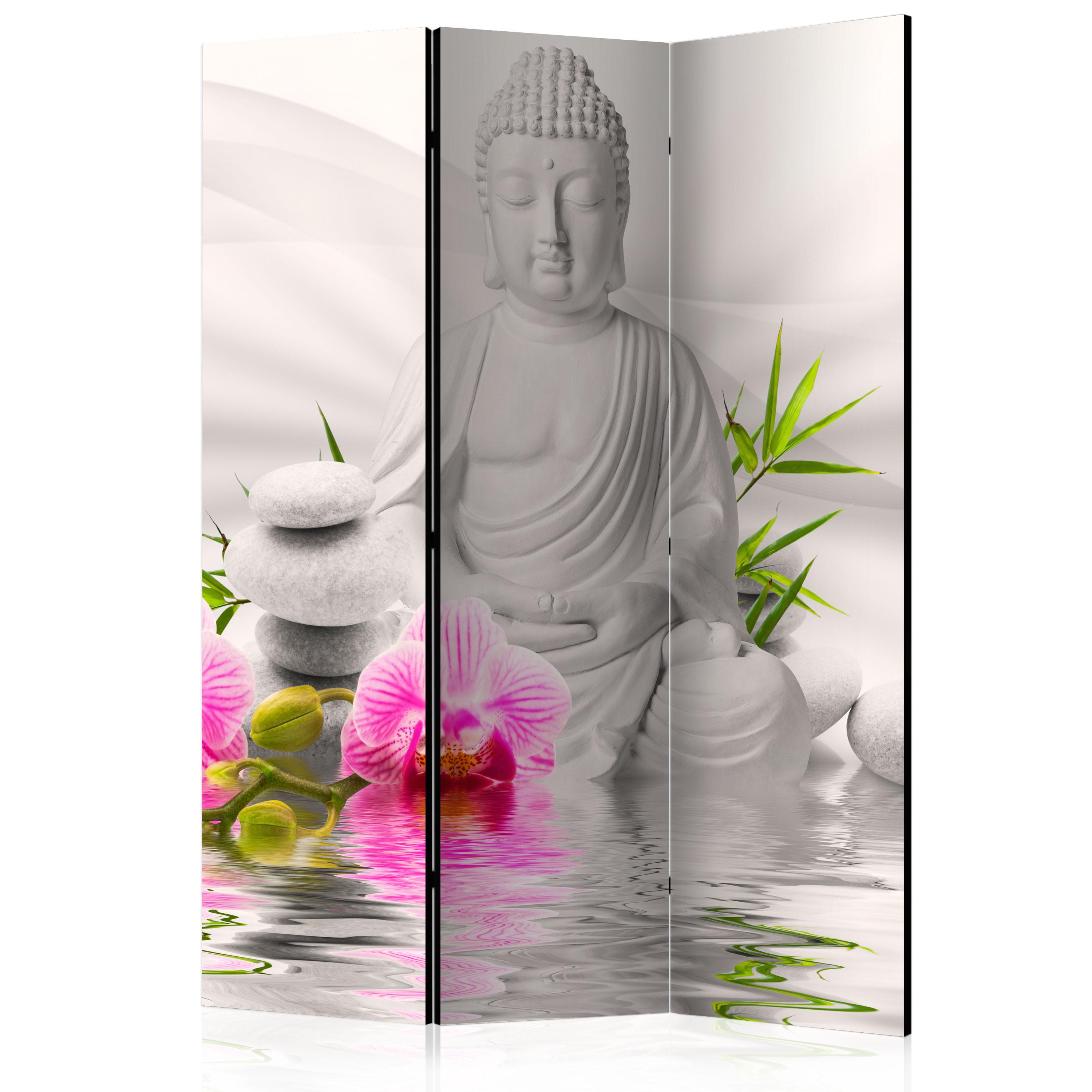 PARAVENT Einseitig Bedruckter 3-tlg 135x172 cm Buddha Statue Orchideen - Multicolor, Holz/Textil (135/172/3cm) - Muralo