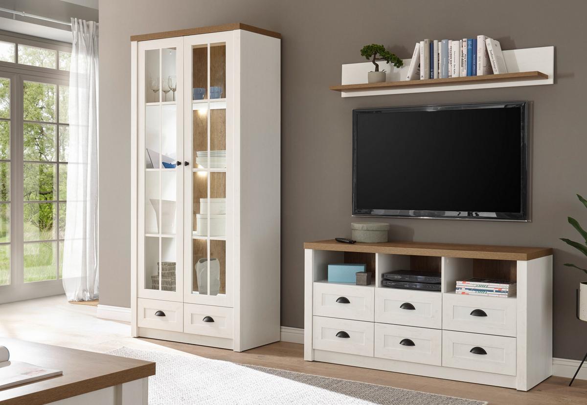 WOHNWAND weiß Pinie, Eiche hell 3-teilig 240 cm, Wohnkombination Landhausstil - Eichefarben/Schwarz, Holzwerkstoff/Kunststoff (240/198/43cm) - Furn.Design