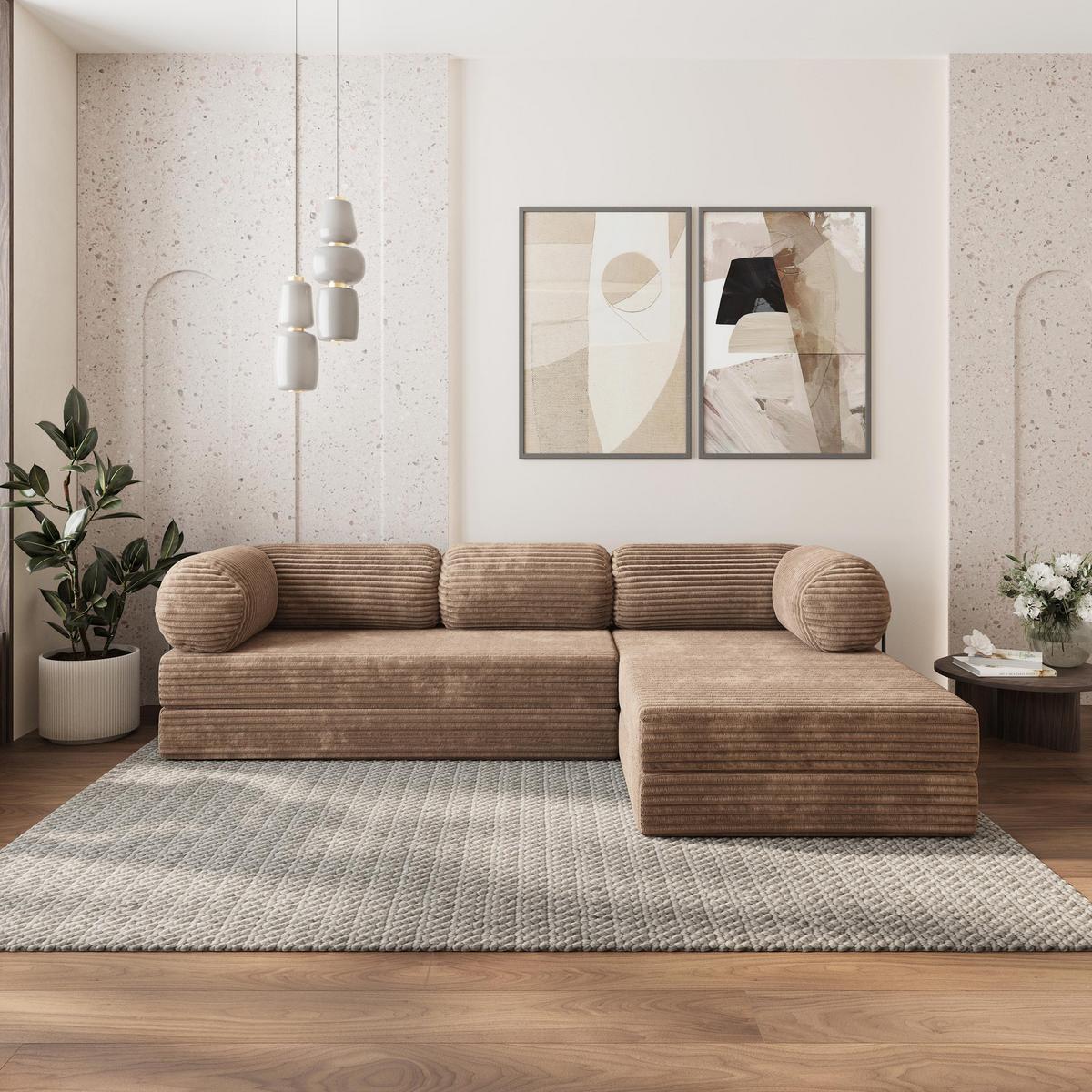 ECKSOFA ETERA modulares Boneless Sofa mit Schlaffunktion Beige Kordstoff - Beige, Textil (270/160cm) - MASSENO