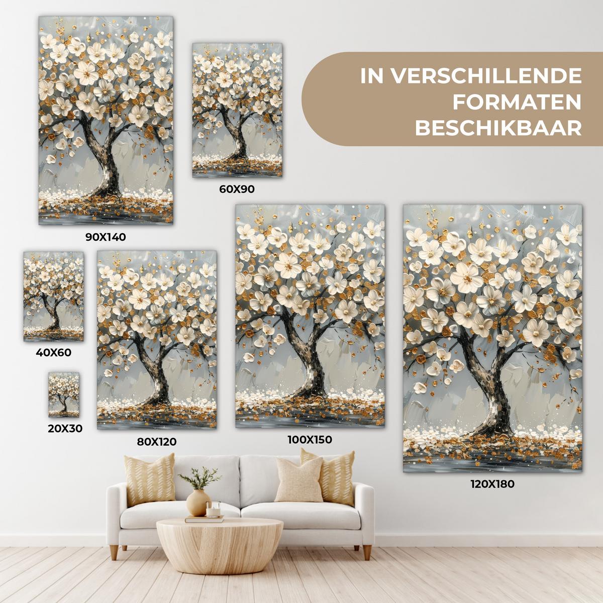 LEINWANDBILD Baum - Blumen - Weiß - Natur - Kunst Wanddeko Schlafzimmer 60x90 cm - Weiß, Textil (60/90cm) - MuchoWow