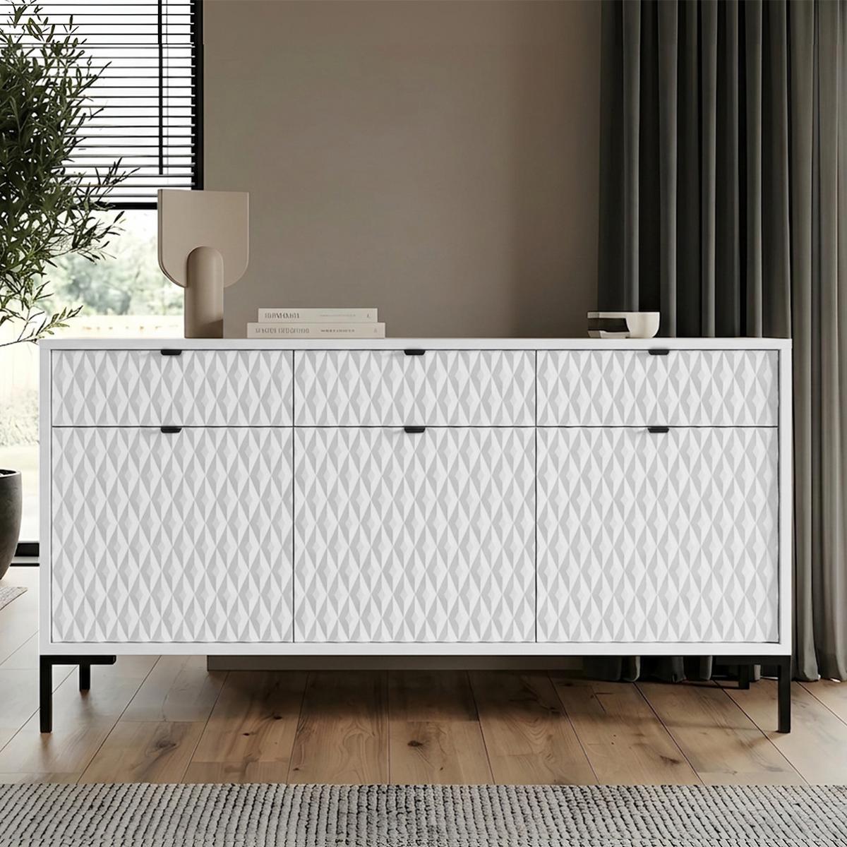 KOMMODE Montreal mit 3 Türen und 3 Schubladen, dekorative 3D-Fronten, 150 cm, Weiß - Schwarz/Weiß, Holzwerkstoff/Metall (150/85/40cm) - Beautysofa