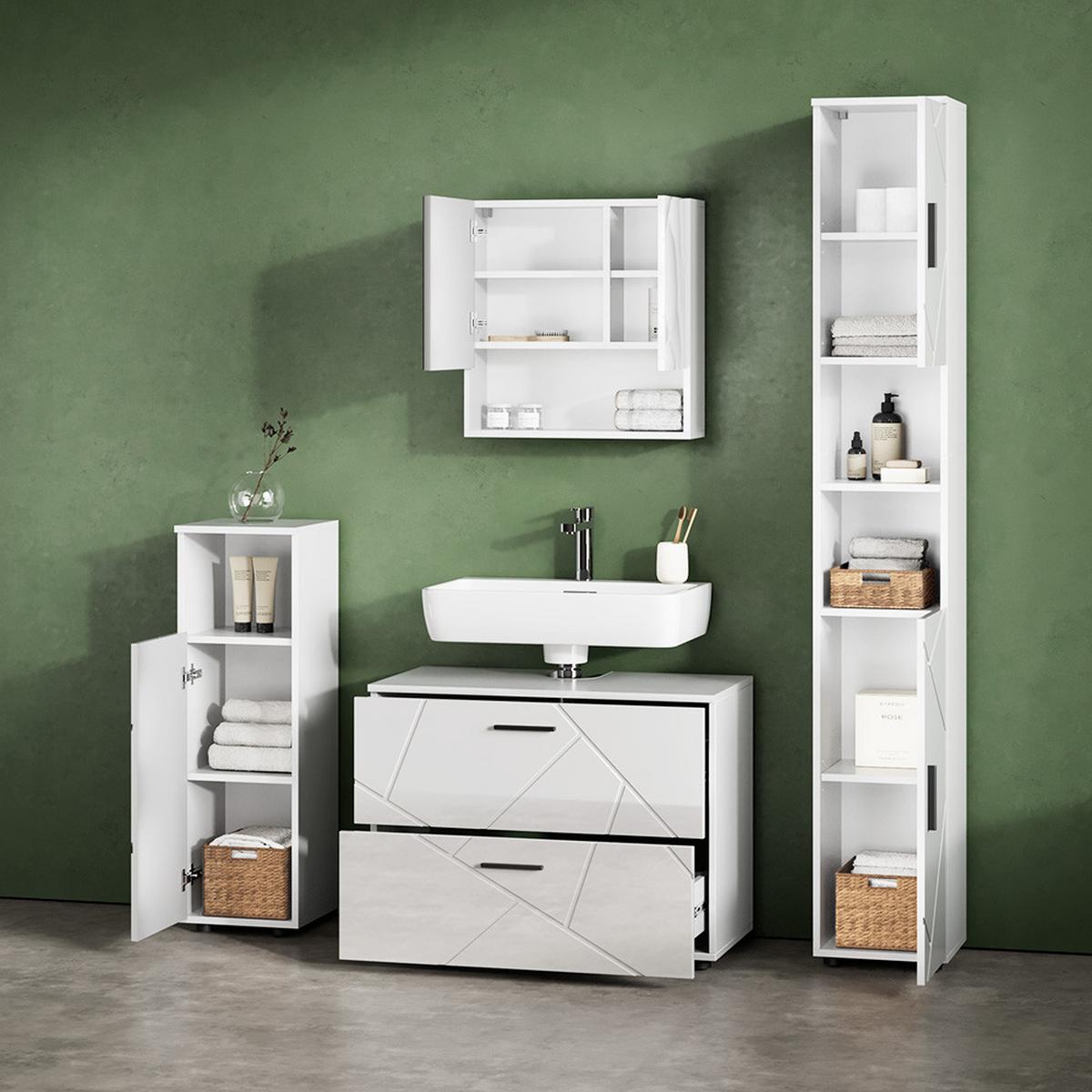 BADMÖBEL-SET Ronco Weiß Hochglanz 4 Teile, mit Schubladenschrank und Hochschrank - Weiß Hochglanz, Holzwerkstoff (80/58/41cm) - Livinity®