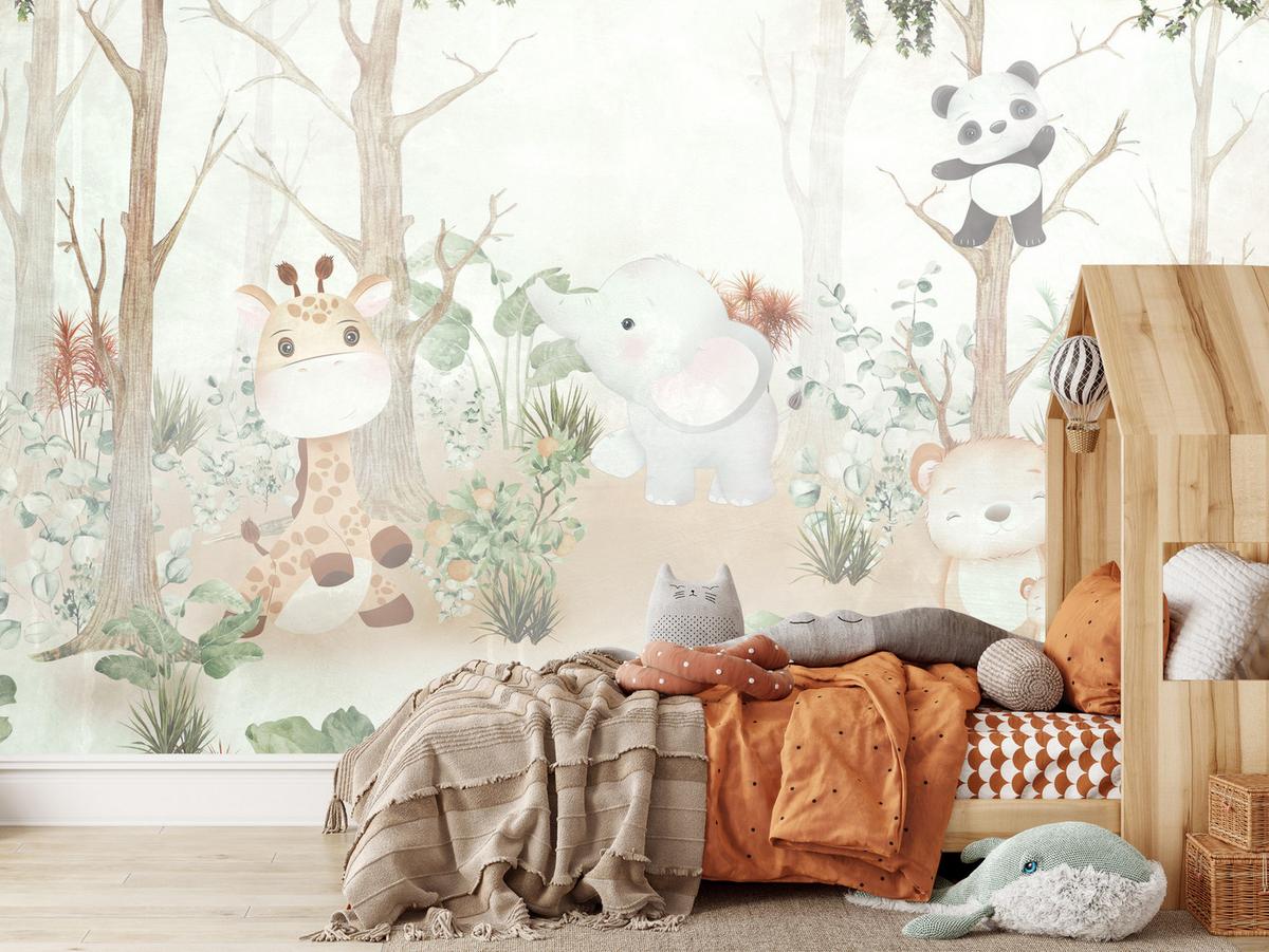 FOTOTAPETE für Kinder Tiere Wald Pflanzen 100x70 - Beige/Orange, Papier (100/70cm) - Muralo