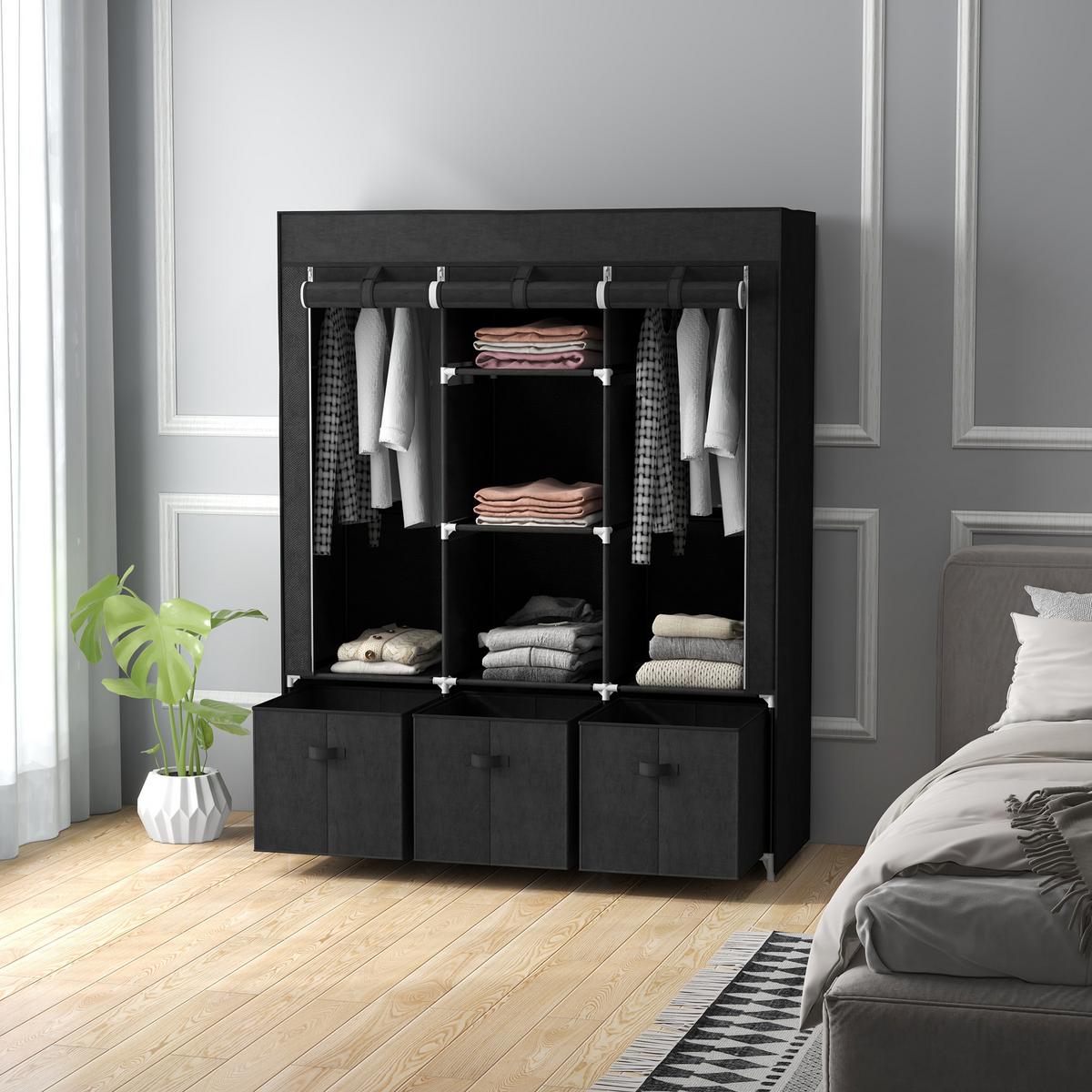 STOFFSCHRANK, Kleiderschrank, Faltschrank mit Reißverschluss, Faltbare Garderobe - Schwarz, Kunststoff/Textil (43/162.5/125cm) - HOMCOM