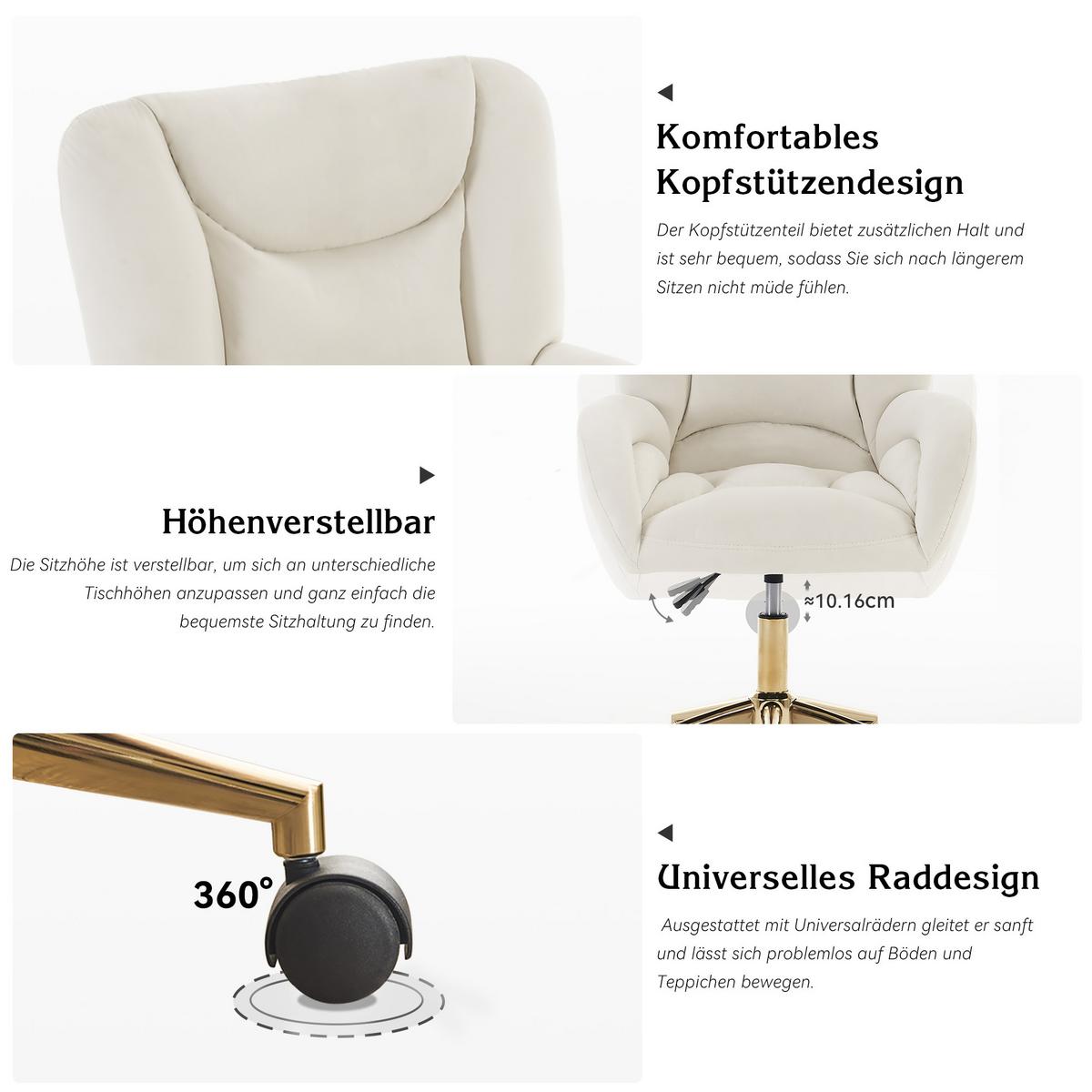 BÜROSTUHL Samt Höhenverstellbar Goldene Beine - Creme, Textil (64/92.5/62cm) - Urban Meuble