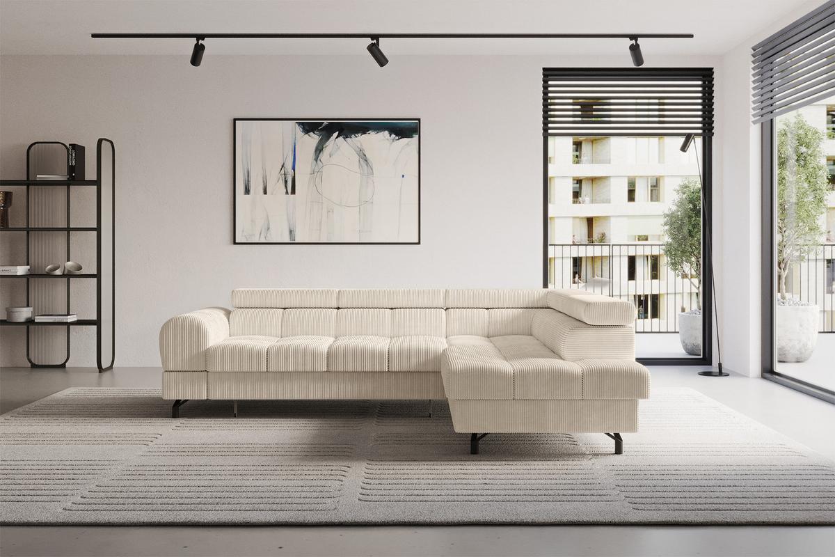 ECKSOFA mit Schlaffunktion Ottomane Rechts LUMA-L 272x203x70 Beige Cord - Beige/Schwarz, Holzwerkstoff/Kunststoff (203/272cm) - ALTDECOR